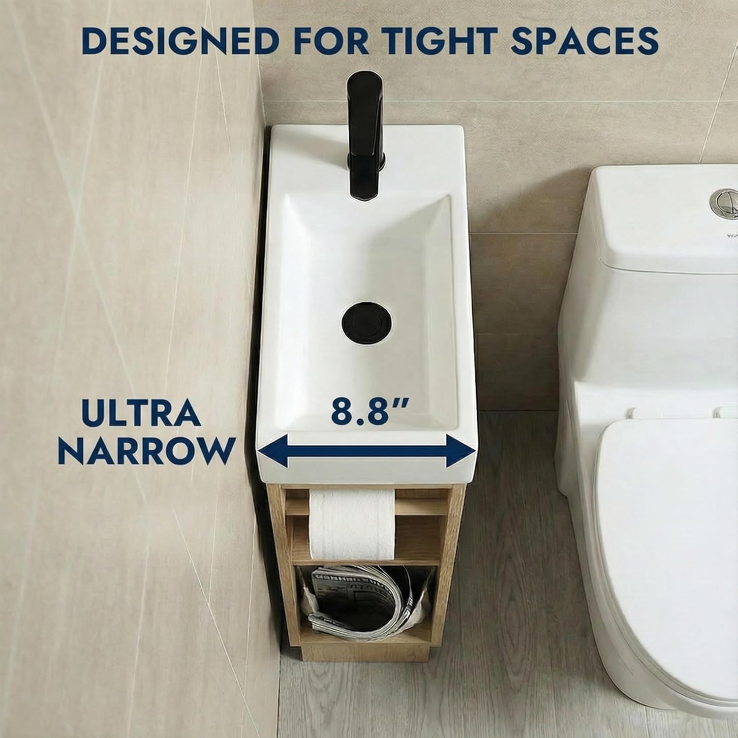 16" Small Bathroom Vanity with Sink - Snaefell Oak:Small Space Fit,2 Toilet Paper Holders & Storage Pocket,Adjustable Shelve,Soft Closing Door & Quiet Hinges,Floor-Standing Extra Storage