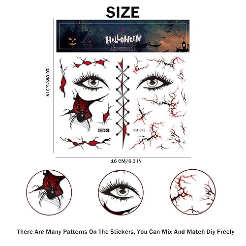 Miniatura 5 de Tatuajes falsos de cara grande de Halloween para adultos, broma de miedo, maquillaje de broma de miedo, kit de tatuaje temporal para mujeres,