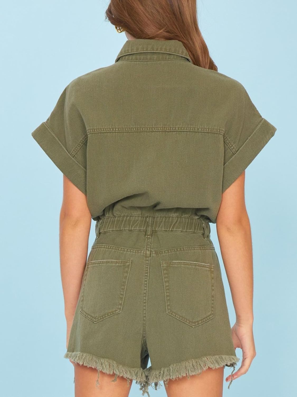 Women's Distressed Denim Romper Short Cuffed Sleeve Jean Jumpsuit Collared Ripped Frayed Shortalls Overalls - Image 3