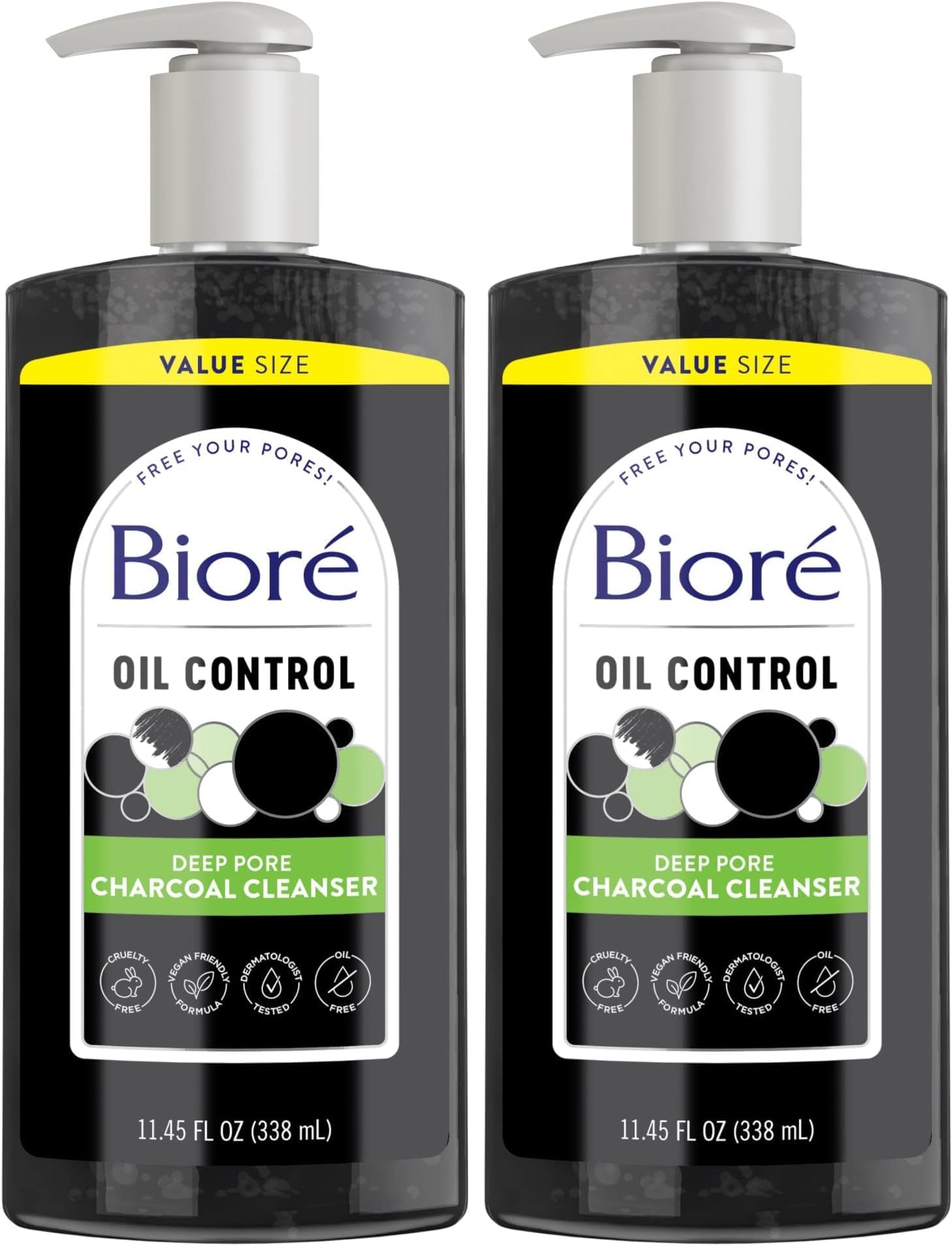 Biore Deep Pore Charcoal Face Wash, Daily Facial Cleanser for Dirt & Makeup Removal, for Oily Skin, 11.45 fl oz, Value Size (Pack of 2)