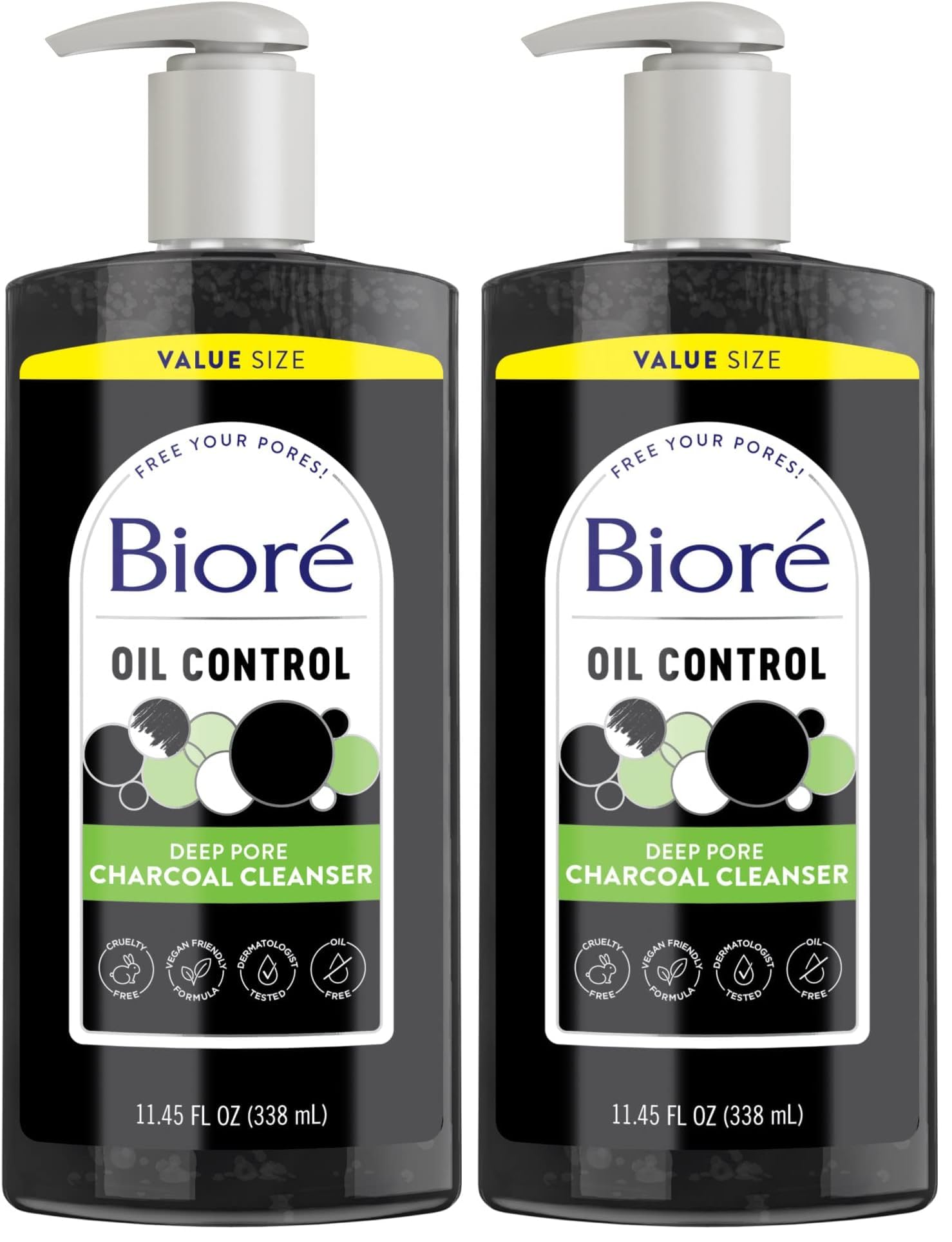 Biore Deep Pore Charcoal Face Wash, Daily Facial Cleanser for Dirt & Makeup Removal, for Oily Skin, 11.45 fl oz, Value Size (Pack of 2)