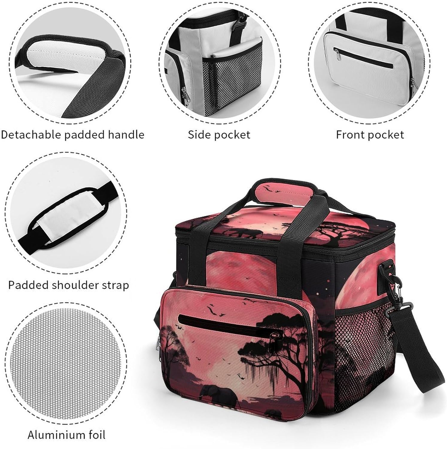 Pink Moon Elephant Cooler Bags Portable Soft Cooler Bag Lightweight Ice Chest Insulated Lunch Bags Camping Cooler Bag Cooler Lunch Tote Coolers for Picnic Travel Beach