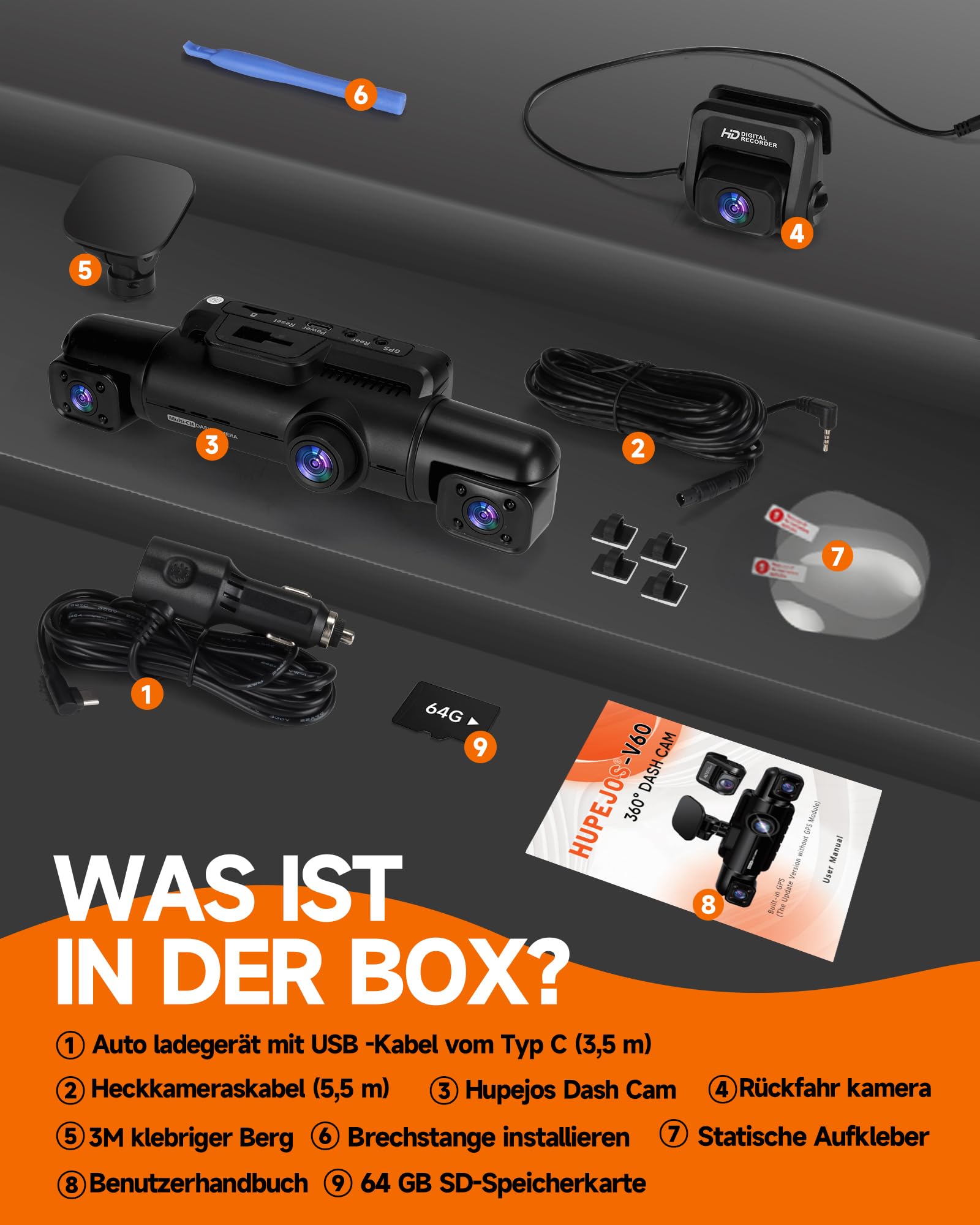 HUPEJOS 360° Dashcam Auto Vorne Hinten 4 Kanal Dash Cam Auto Kamera FHD 1080Px4,4×150° Weitwinkel,WDR-Nachtsicht (8 IR-LEDs), 3,18" IPS Display, G-Sensor,WiFi GPS,24/7 Parkmodus, 64GB SD-Karte