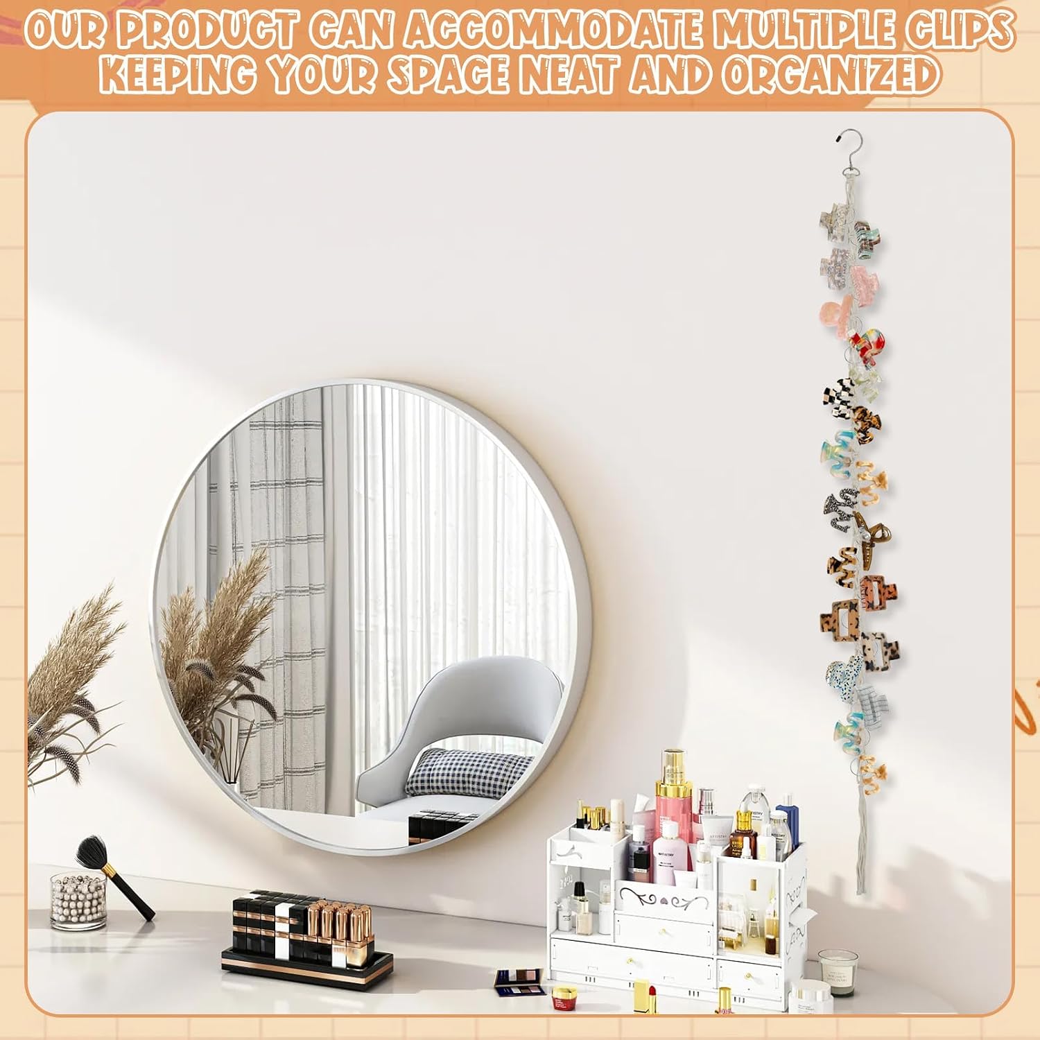 Hanging Braided Hair Clip Organizer with Swivel Hook and 20 Metal Rings, Claw Clip Organizer Daily Necessities for Women, Flexible Hanging Storage Decor for Wall