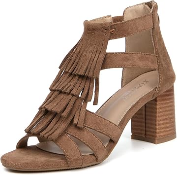 ZKXYFFS Womens Chunky Heeled Sandals Back Zip Peep Toe Fringe Sandals Summer Block Tassel Heels Work Party Dressy Sandal