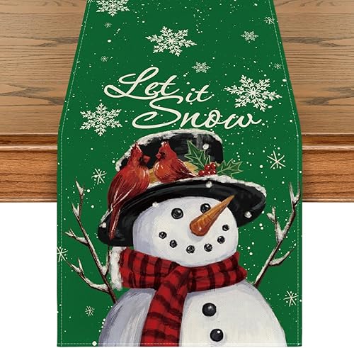 Artoid Mode Camino de mesa de invierno con muñeco de nieve verde Let It Snow, decoración de mesa de comedor de cocina de Navidad para decoración de
