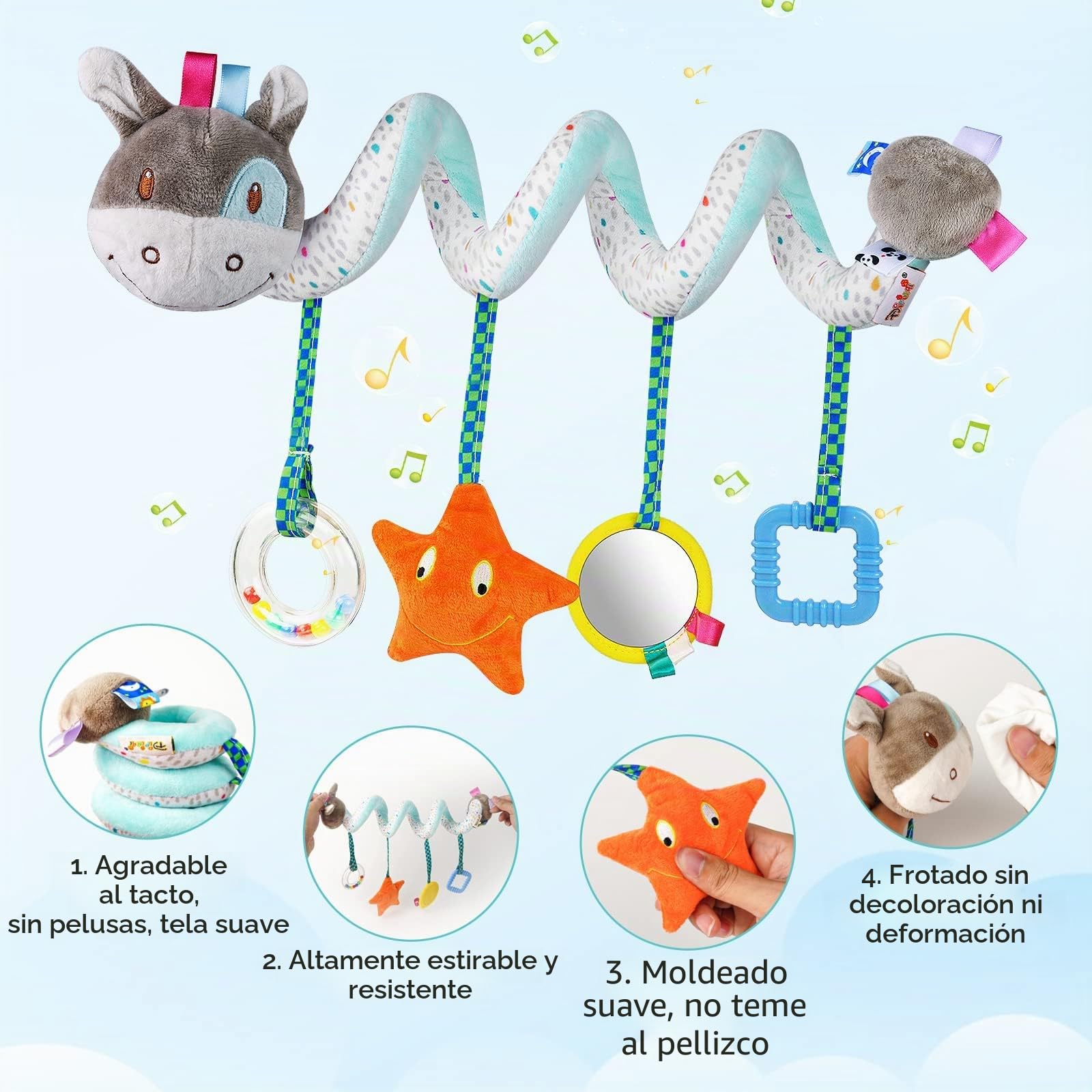 Vicloon Colgantes para Cochecitos Juguetes para Bebé de 0 a 24 Meses, Juguetes de Peluche en Espiral para Bebé con Mordedor y Sonajero, para Cochecitos/Cunas/Asientos de Automóviles (Burro)