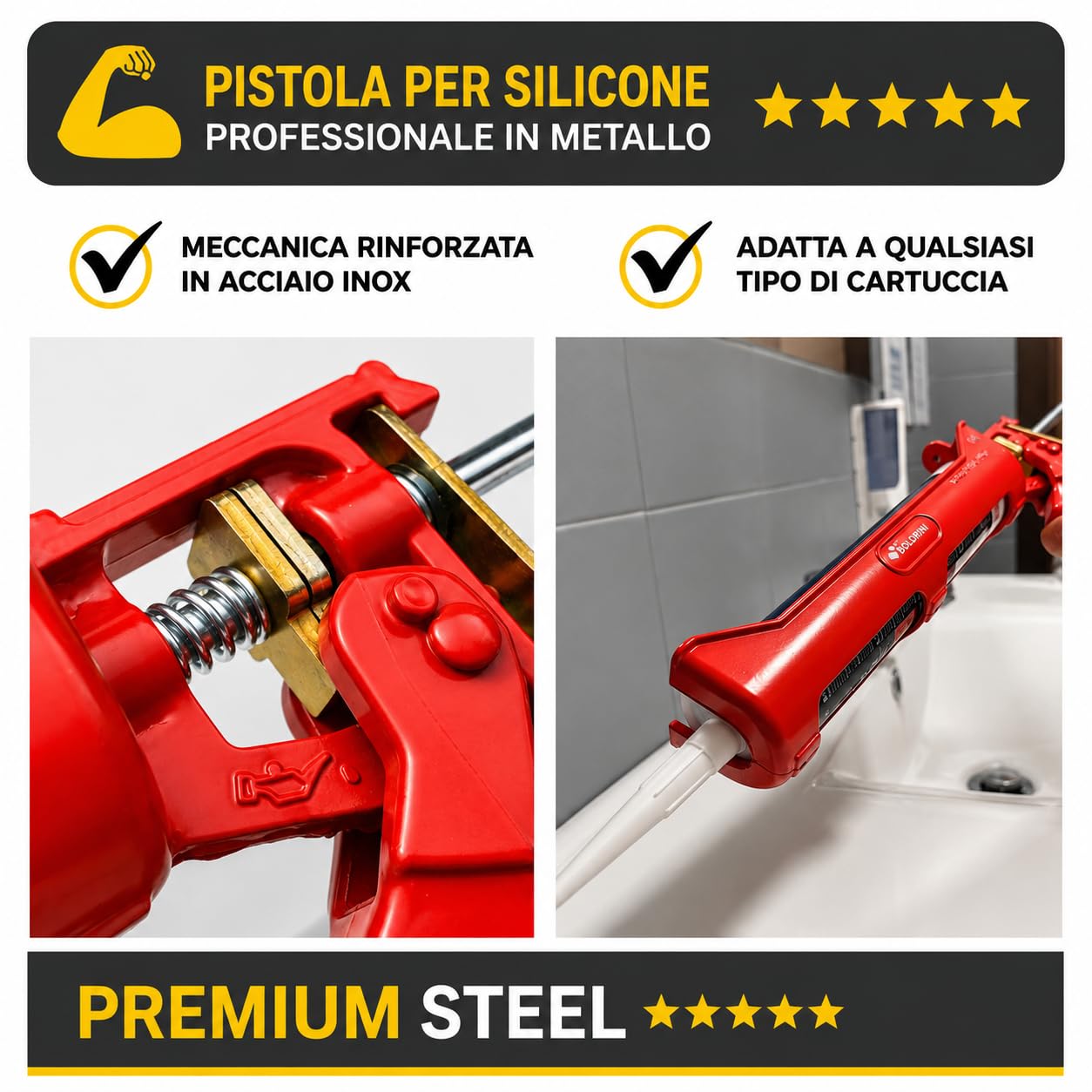 Pistola per Silicone Professionale in Metallo Premium – Estrusione Precisa, Meccanismo Antigoccia e Silenziato | Supporta Pressione Fino a 328 kg | Impugnatura Comfort per Fai-da-te & Edilizia