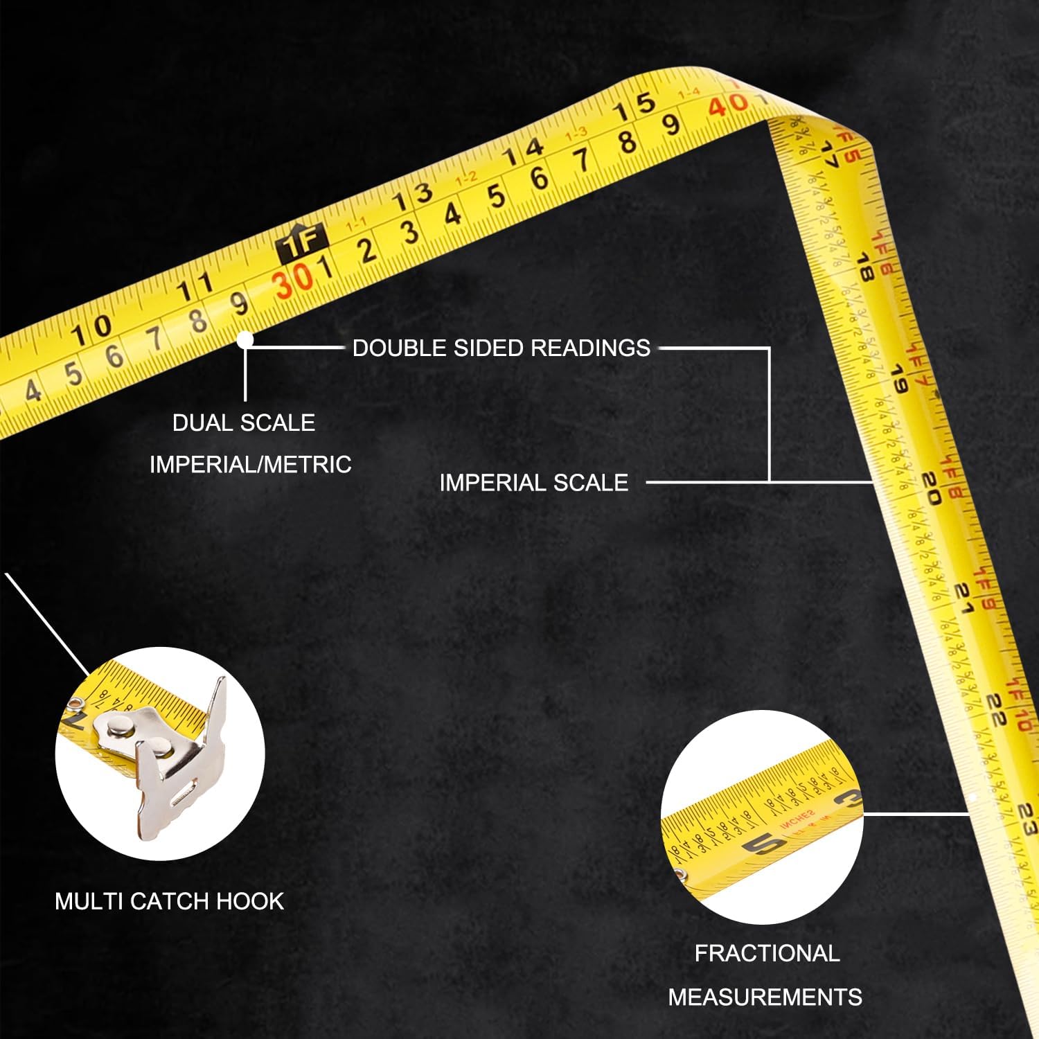 25FT Tape Measure (1 Pack) - Dual Lock Double - Sided Retractable Measuring Tape with 1/8 Fraction, 1 - Inch Wide Blade, Drop - Resistant ABS Shell for Construction & DIY(1)