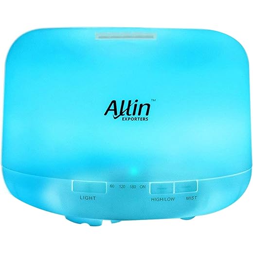 Allin Exporters 500ml Aromatherapy Diffuser with 7 Color Changing LED Lights 4 in 1 Ultrasonic Humidifier Essential Oil Cool Mist Aroma Timer for Home Baby Bedroom Office (1Pc, Multicolour)
