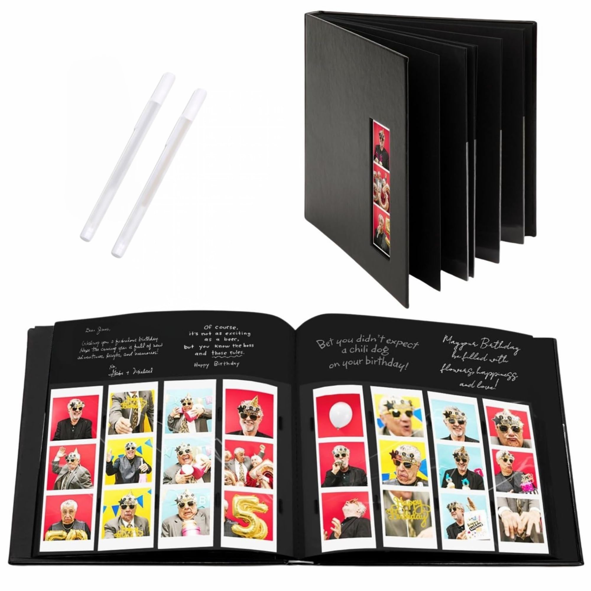 PBF (1 Pack) Photo Booth Album, Guest Book with 2x6 Clear Picture Inserts, Black Cover with Plastic Sleeves & Black Pages, Scrapbook Album for Photo Strips, Memory Book, Wedding, and Baby Showers