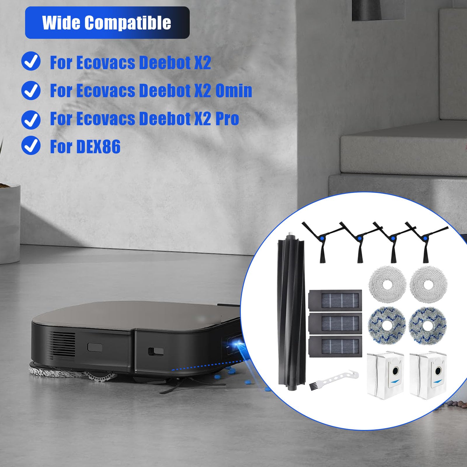 Odashen Set di Accessori di Ricambio per aspirapolvere Ecovacs Deebot X2/X2 Omni/X2 Pro/DEX86, 1 Spazzola Principale, 4 spazzole Laterali, 2 filtri Hepa, 2 Sacchetti per la Polvere, 2 Panni mocio