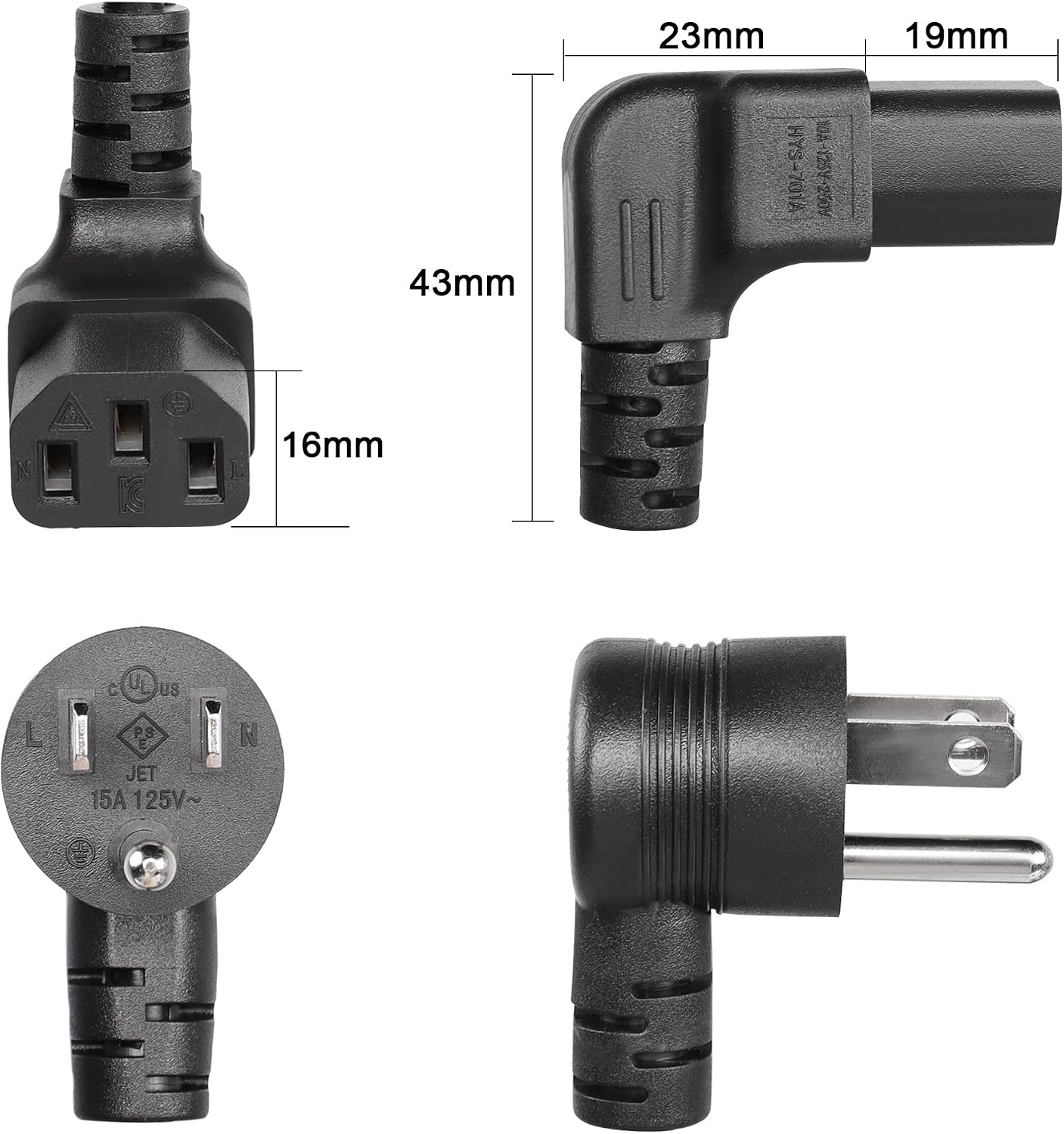 GELRHONR 90 Degrees 3 Prong AC to IEC320 C13 Power Cord,10A 125V Down Angle NEMA 5-15P to C13 Universal Power Cable for Notebook Computers, TV, Monitors-4.9Ft (Blcak-Up C13)