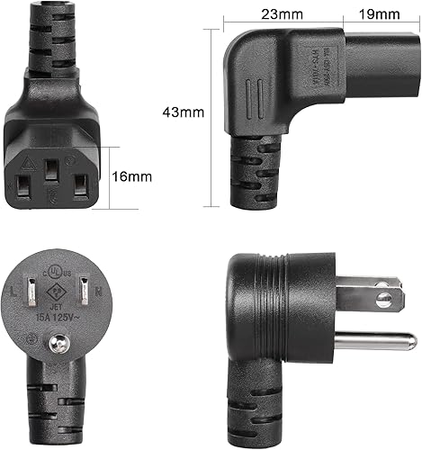 Miniatura 3 de GELRHORN - Cable de resorte eléctrico de 4.9 pies, 90 grados, 3 clavijas, NEMA 5-15P a IEC 320 C13, 10 A, 250 V15 A, 125 V, 18 WAG, ángulo