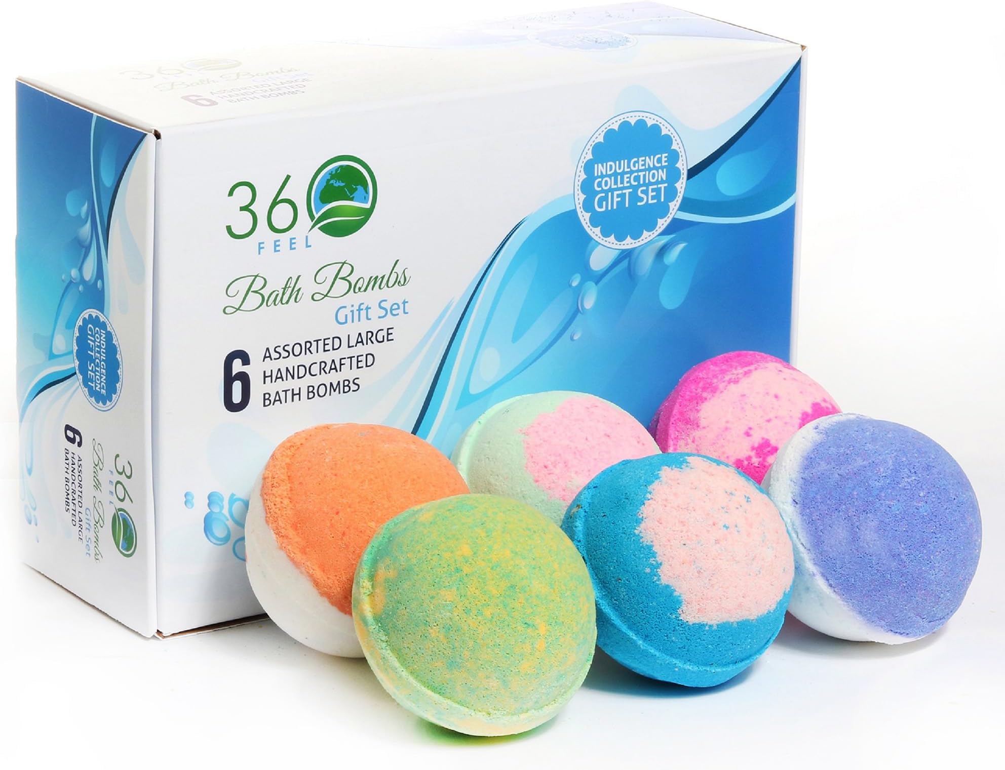 360Feel Bath Bombs Gift Set 6 Large USA made -Made with Essential Oil -All Natural Organic Bath Fizzies- Gift ready box - Aromatherapy Organic Bath Bomb for Women Men and Kids - Gift ready box