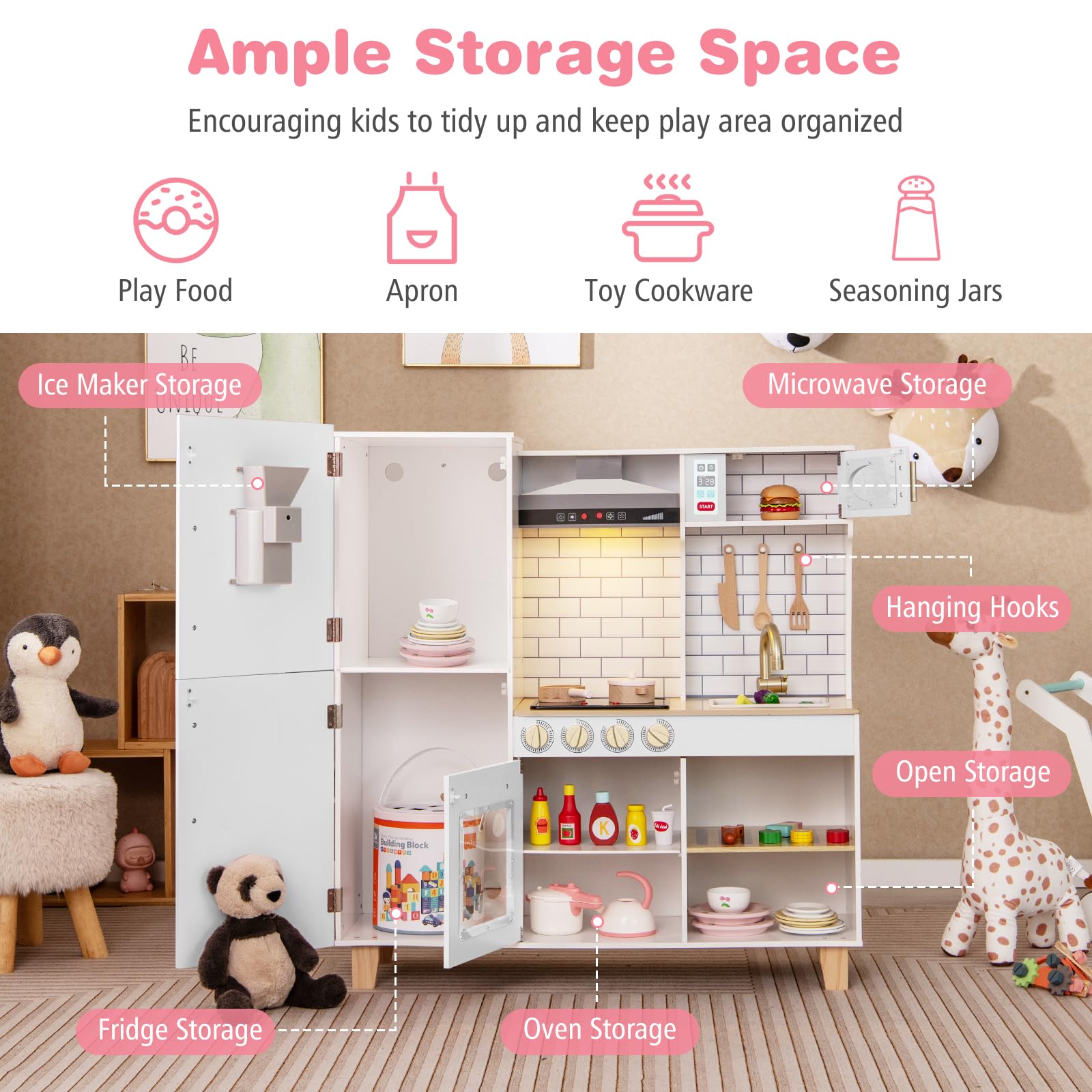 HOMASIS Spielküche mit 10 Zubehör, Kinderküche mit Spüle Herd Dunstabzugshaube Ofen Mikrowelle Tafel Grill Eismaschine, Spielzeugküche mit Licht & Sound, Holzküche für Kinder ab 3 Jahre (Weiß)