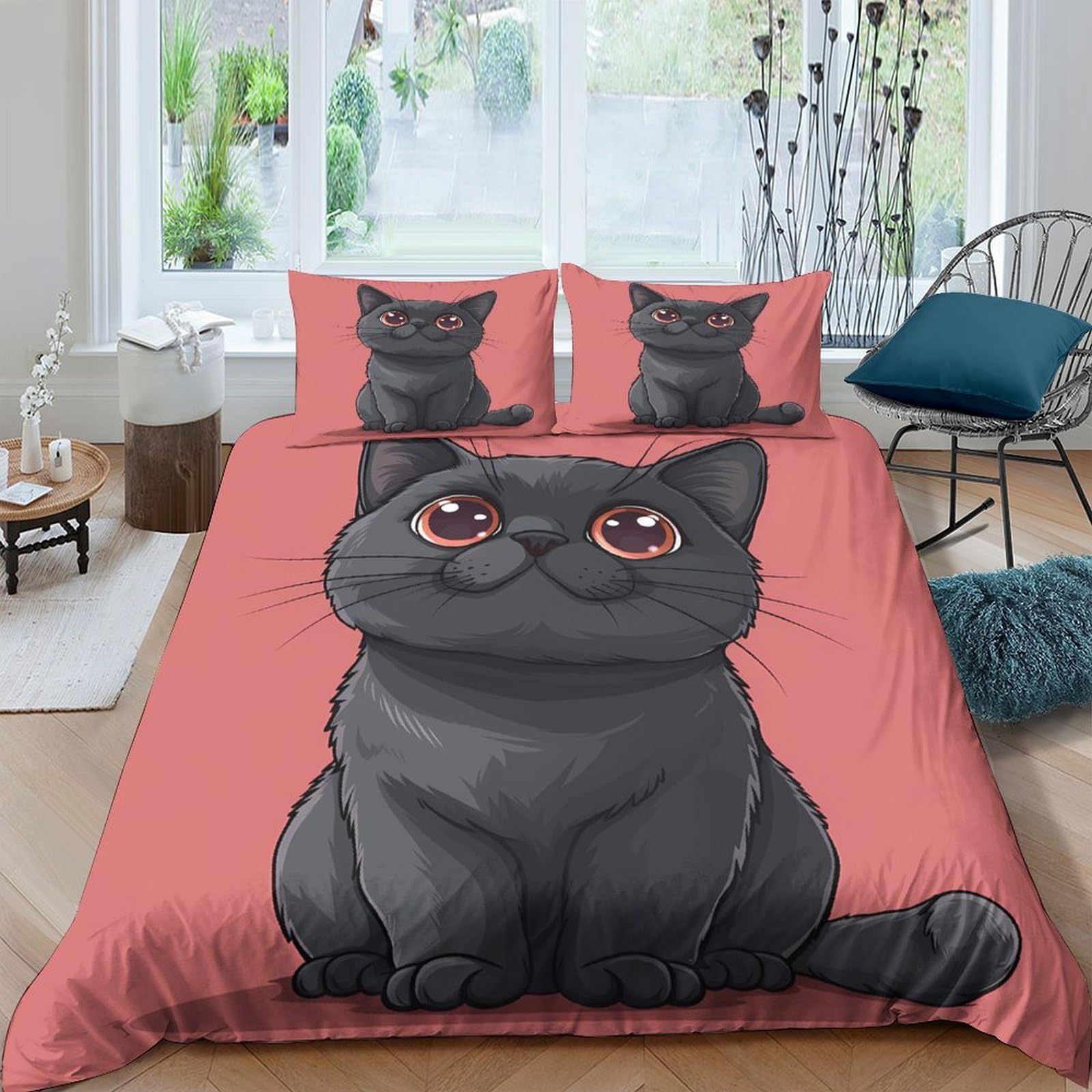 XFKLYNVCJ 3D Printed cute black cat Bedding Cover Microfiber cartoon animal illust Bed Cover Soft Comfortable Quick Drying for Uni Dorm Student Rental Apartment Bedroom Use King（220x240cm）