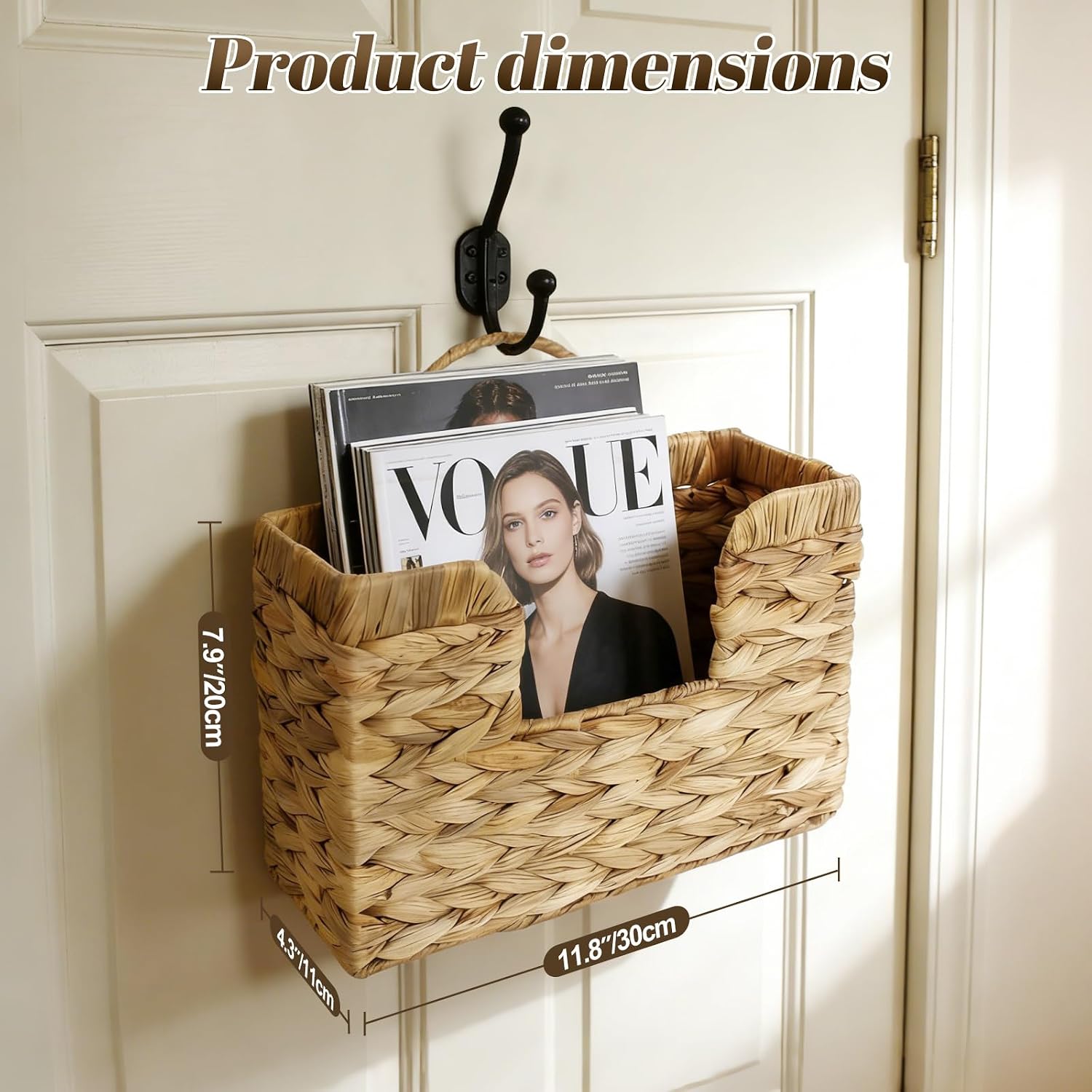 Hanging Magazine Basket for Mail Book File - Woven Wall Magazine Holder Storage for bathroom Kitchen Office - Water Hyacinth Farmhouse Storage