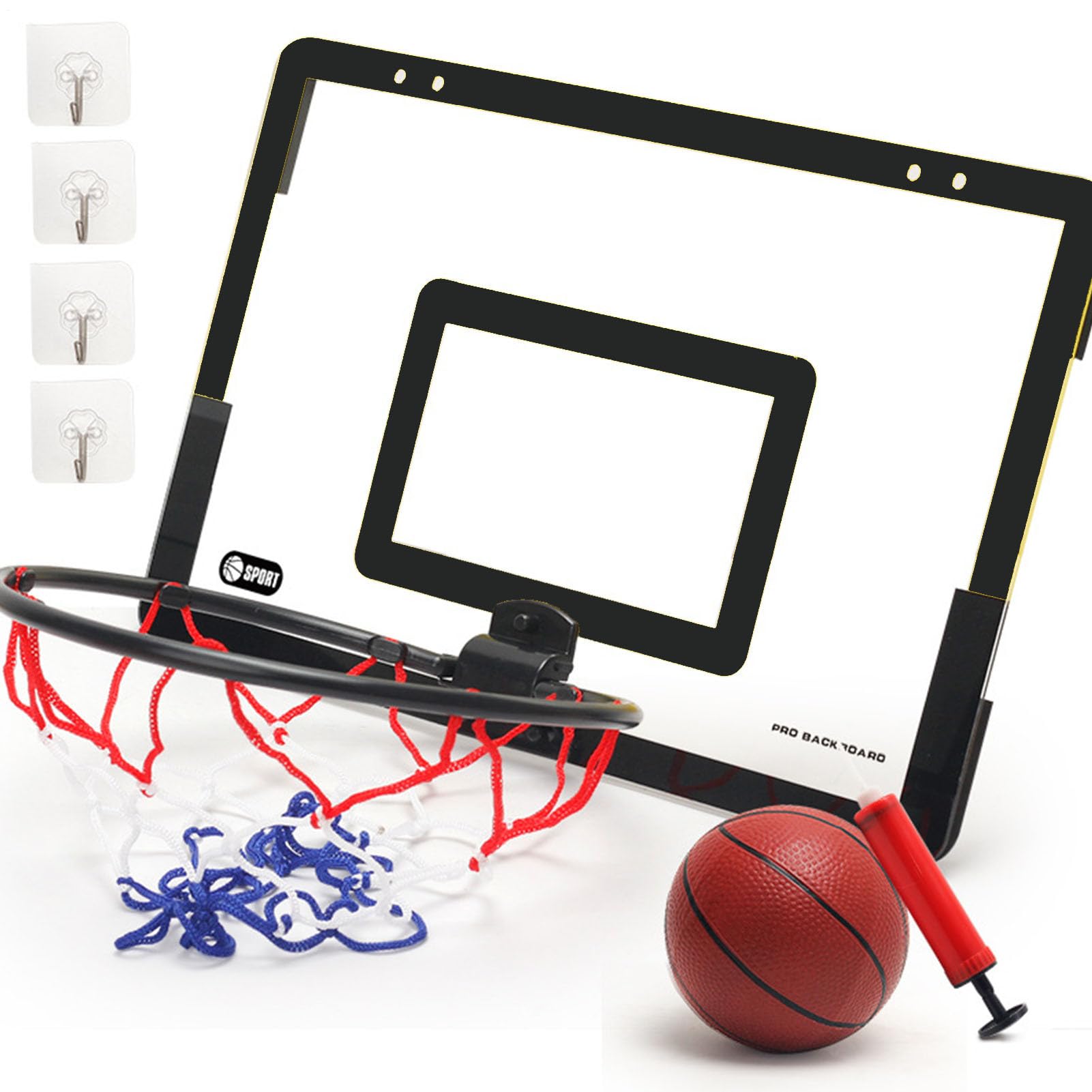 Mini canasta de baloncesto sobre la puerta, 40 x 26 x 5 cm, juego de baloncesto para interiores con pelota y bomba, cesta colgante para montaje en pared, sin taladrar, canasta de baloncesto para niños