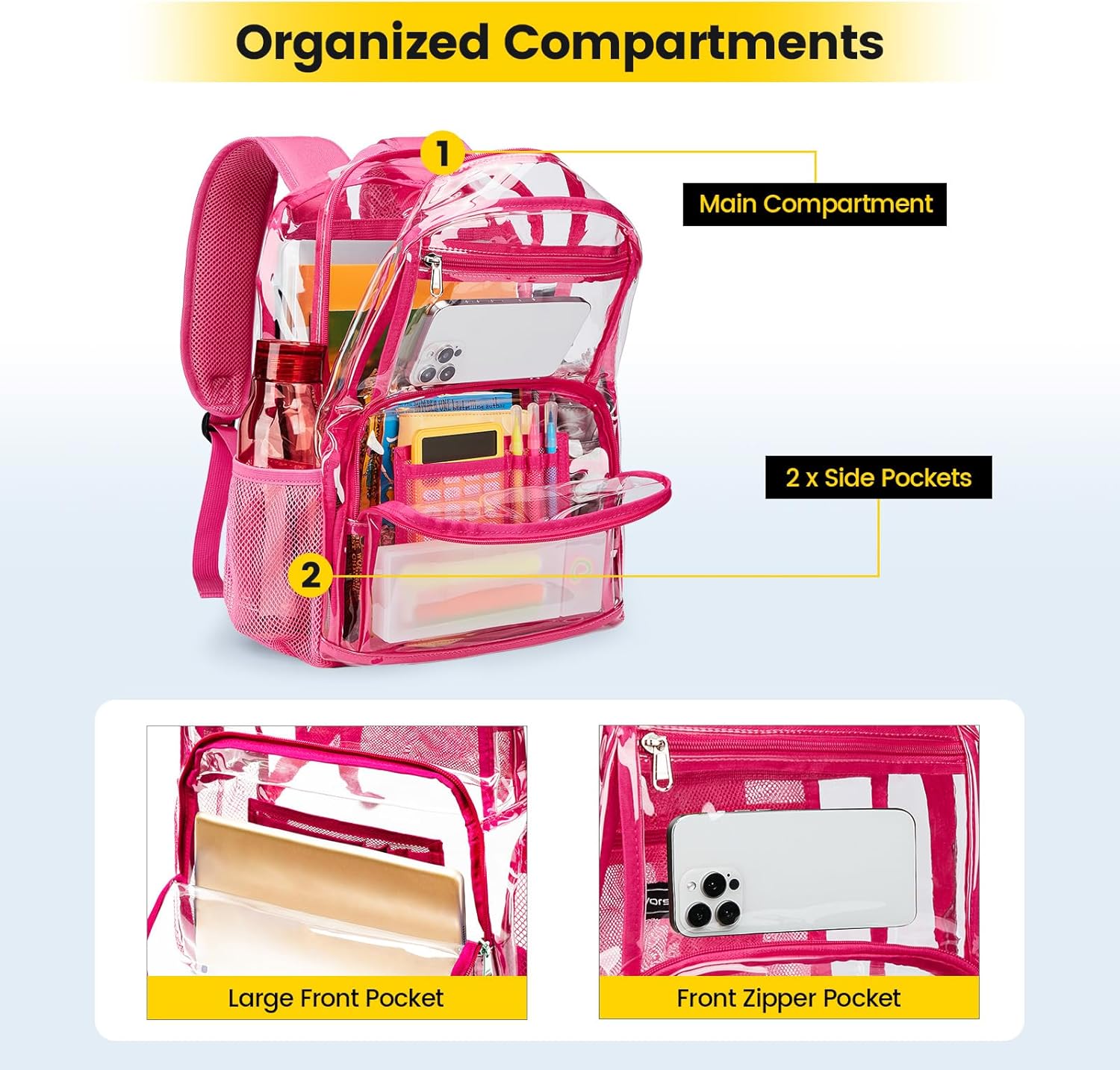 Vorspack Clear Backpack Heavy Duty - Large Transparent Bookbag for Adults, See Through Backpack for College, Work, Travel - Pink - Image 3