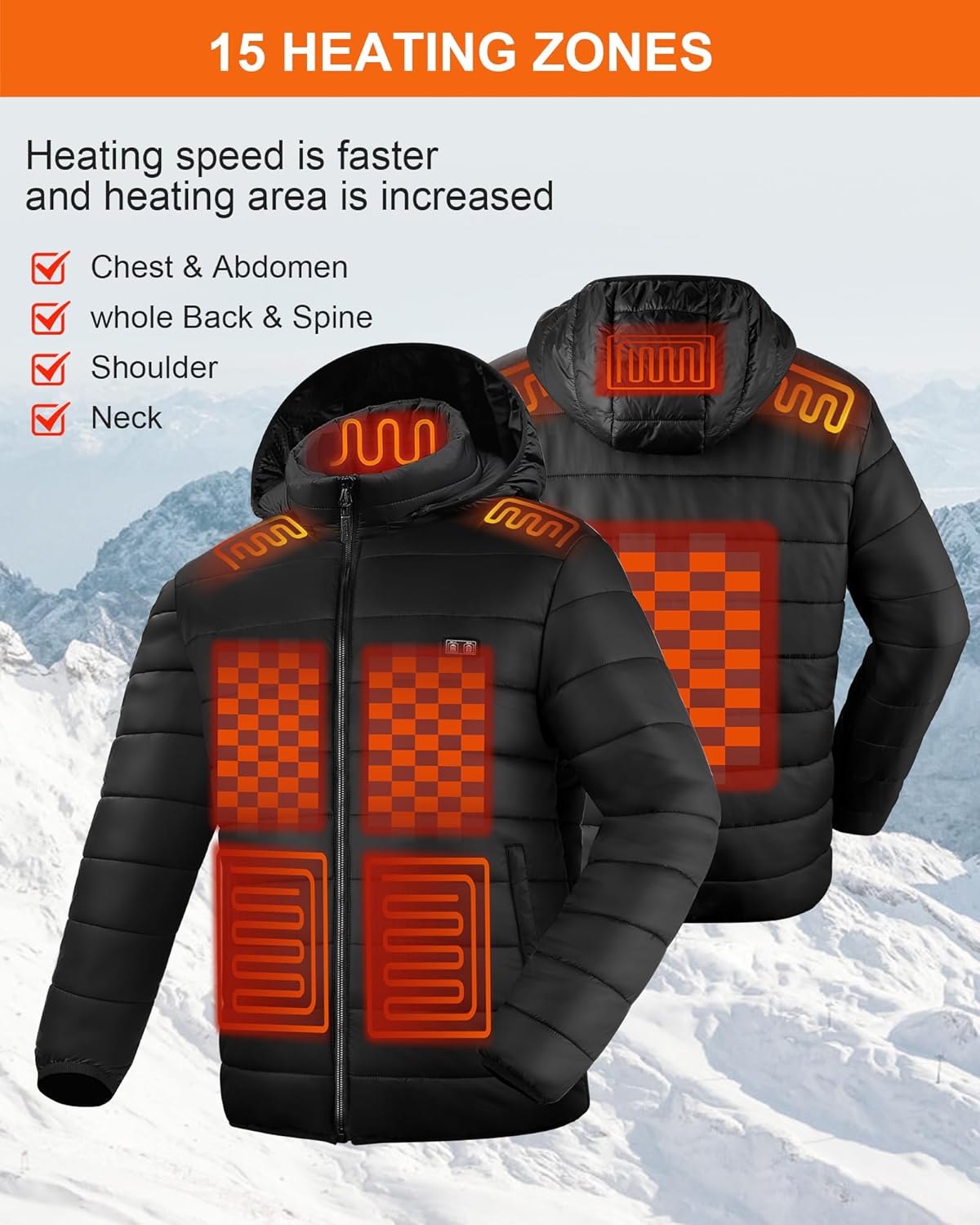 Heated Jacket for Men and Women, Black Winter Coat with Bαtterγ Pack,15 Heating Zone Heated Coat - Image 2