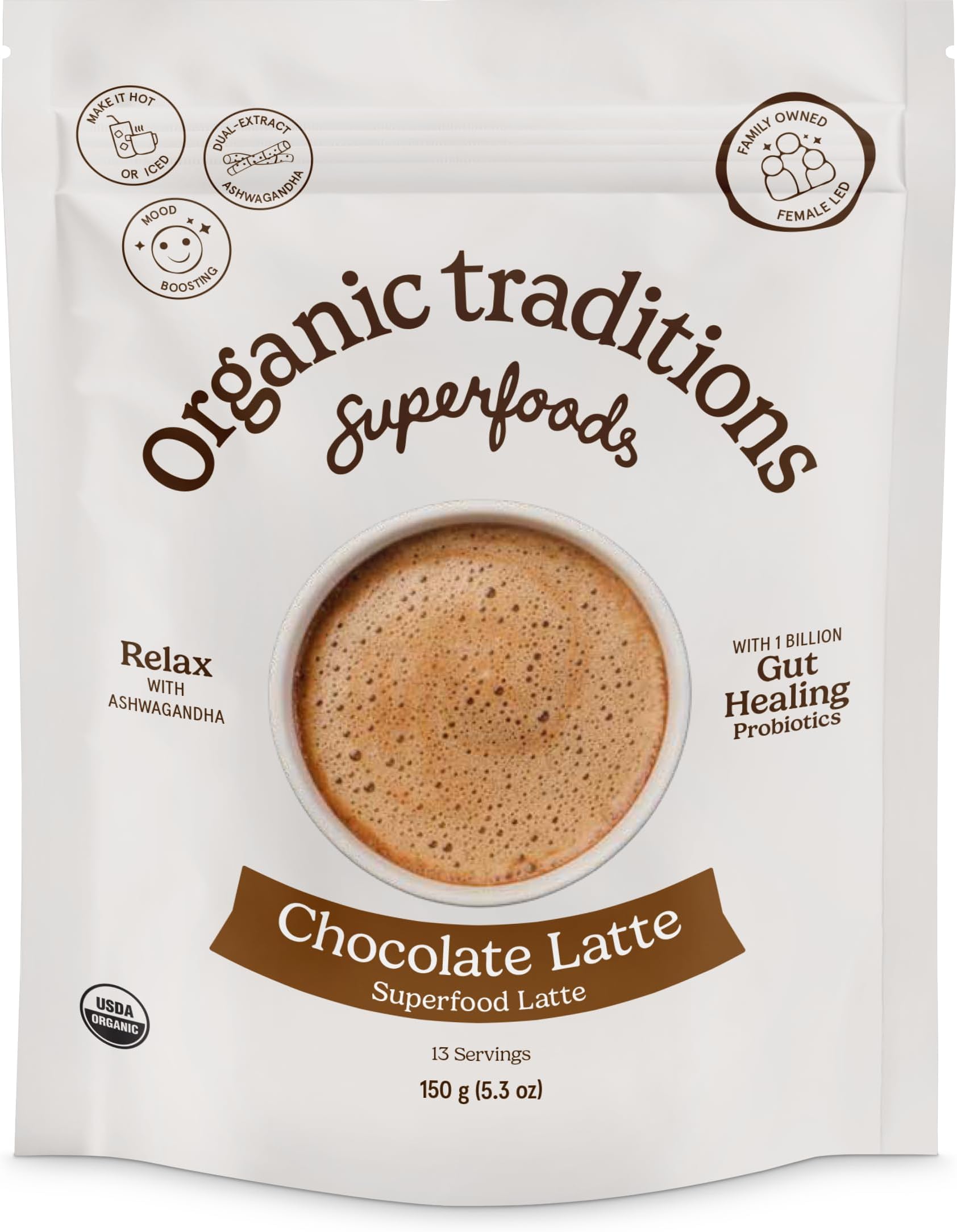 - Superfood Chocolate Latte, Creamy Coconut Milk Blend, Organic Cacao With Ashwagandha, Warm Cozy Flavor, Lightly Sweetened, Superfood Powder With Probiotics, 150g / 5.3oz Bag