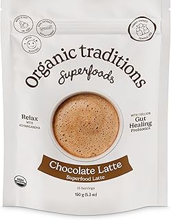 Organic Traditions Superfood Chocolate Latte, Creamy Coconut Milk Blend, Organic Cacao With Ashwagandha, Warm Cozy Flavor, Lightly Sweetened, Superfood Powder With Probiotics, 150g / 5.3oz Bag