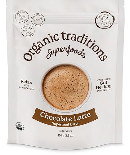 Organic Traditions Superfood Latte de chocolate  Base cremosa de leche de coco  Extracto dual Ashwagandha  Fácil de mezclar  Endulzado con azúcar de