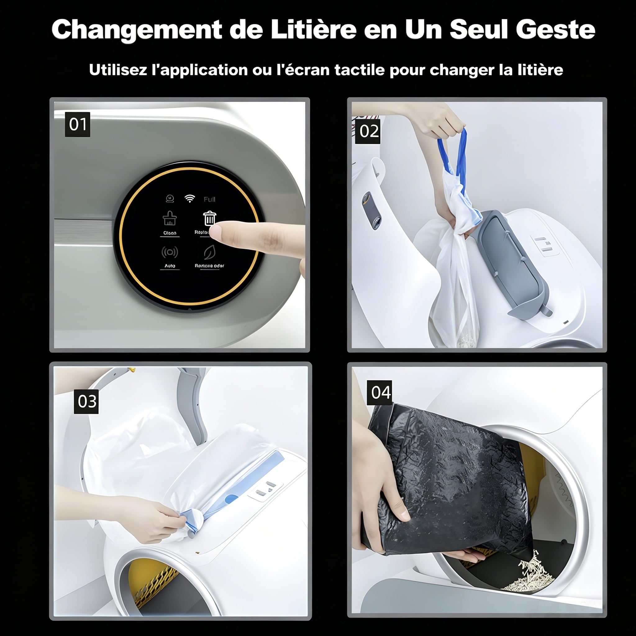 Bac à litière autonettoyant de 65 + 9 litres, avec Commande Via Application, désodorisation par ions et Suivi de la santé – 5 Sacs à litière Inclus, idéal pour Les foyers accueillant Plusieurs Chats