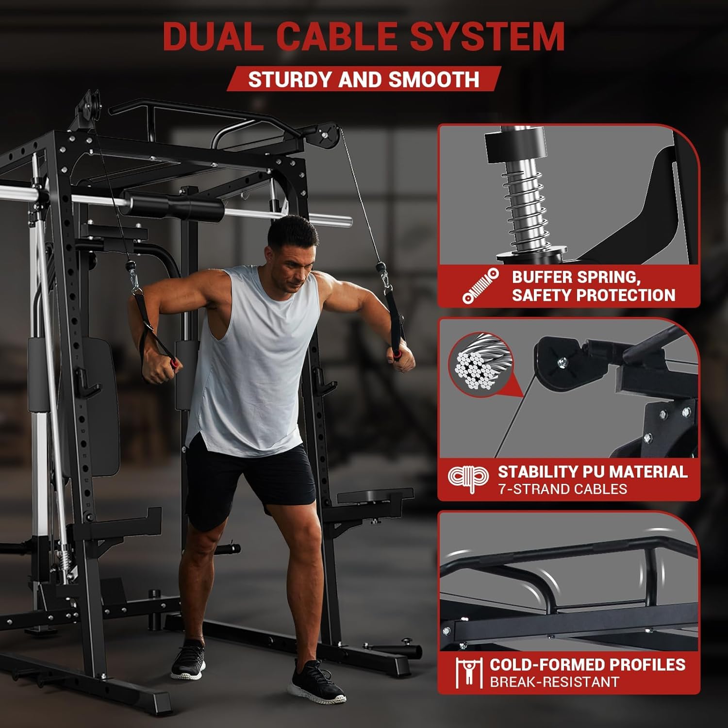 2000LBS Heavy Duty Smith Machine Power Cage – Multi-Function Strength Training Equipment for Home Gym – Includes LAT Pulldown, Chest Fly, Cable Crossover, Full Body Workout Attachments