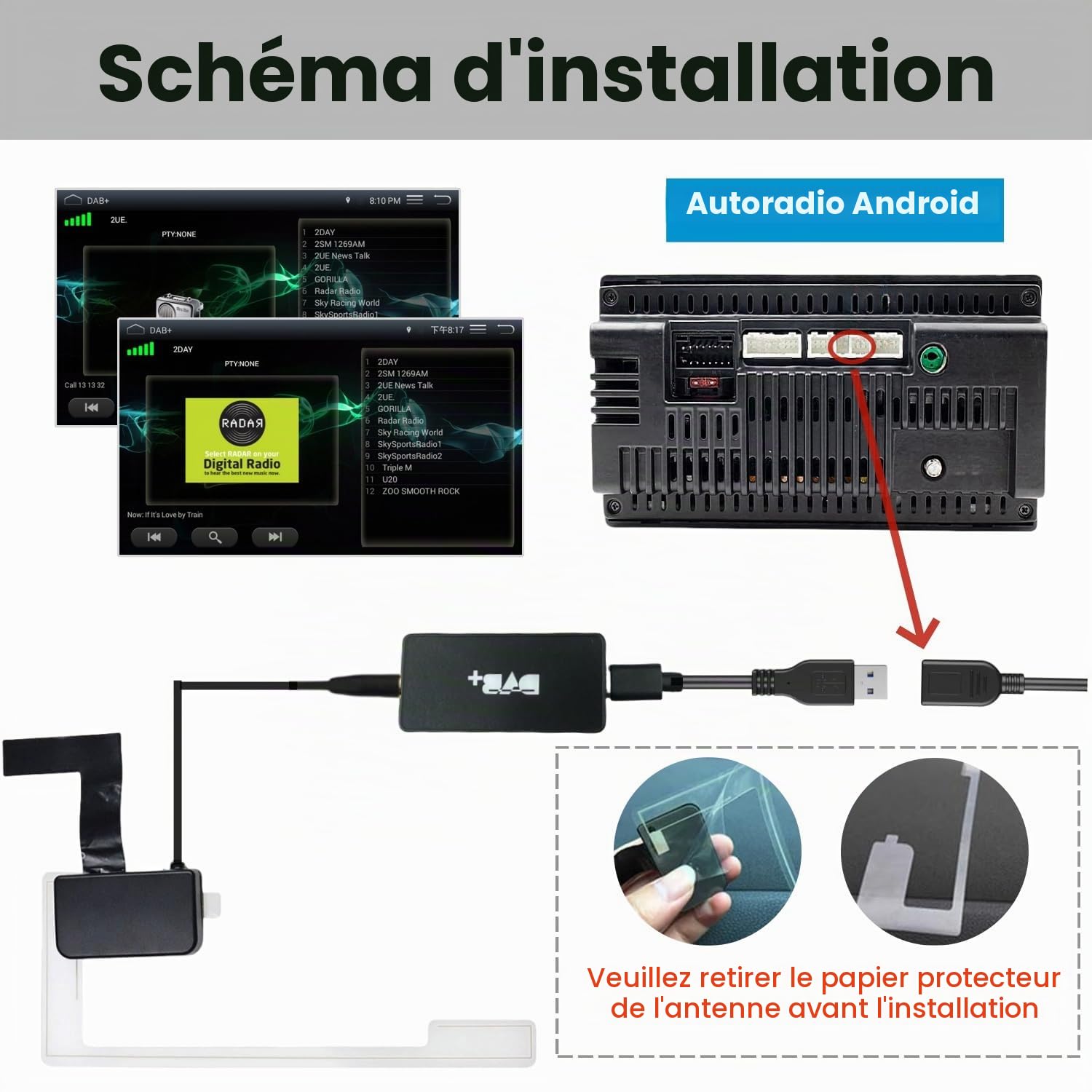 Récepteur Radio Dab/Dab+ pour Autoradio Android, Adaptateur Radio Numérique Dab pour Voiture Adaptateur Dab USB avec Antenne Tuner Dab