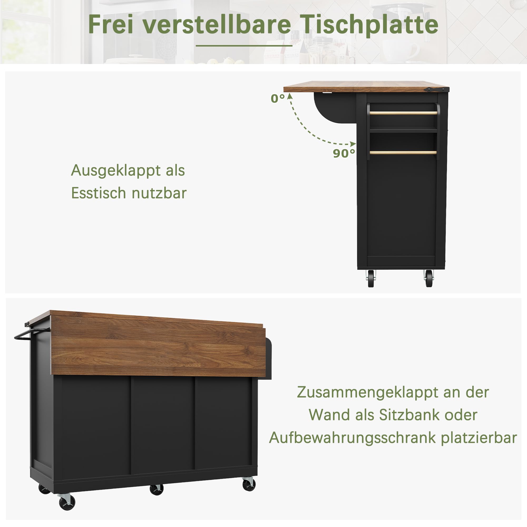 Merax Kücheninsel mit klappbarer Arbeitsplatte, Küchenwagen auf Rollen, Küchenschrank mit Schiebetüren, Servierwagen Holzoptik, mobiler Esstisch ausziehbar, Schwarz, 140x45-73x94 cm