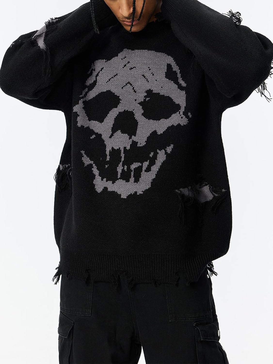 SHENHE Men's Sweater Skull Graphic Gothic Distressed Crewneck Long Sleeve Knit Tops Fall Clothes - Image 2