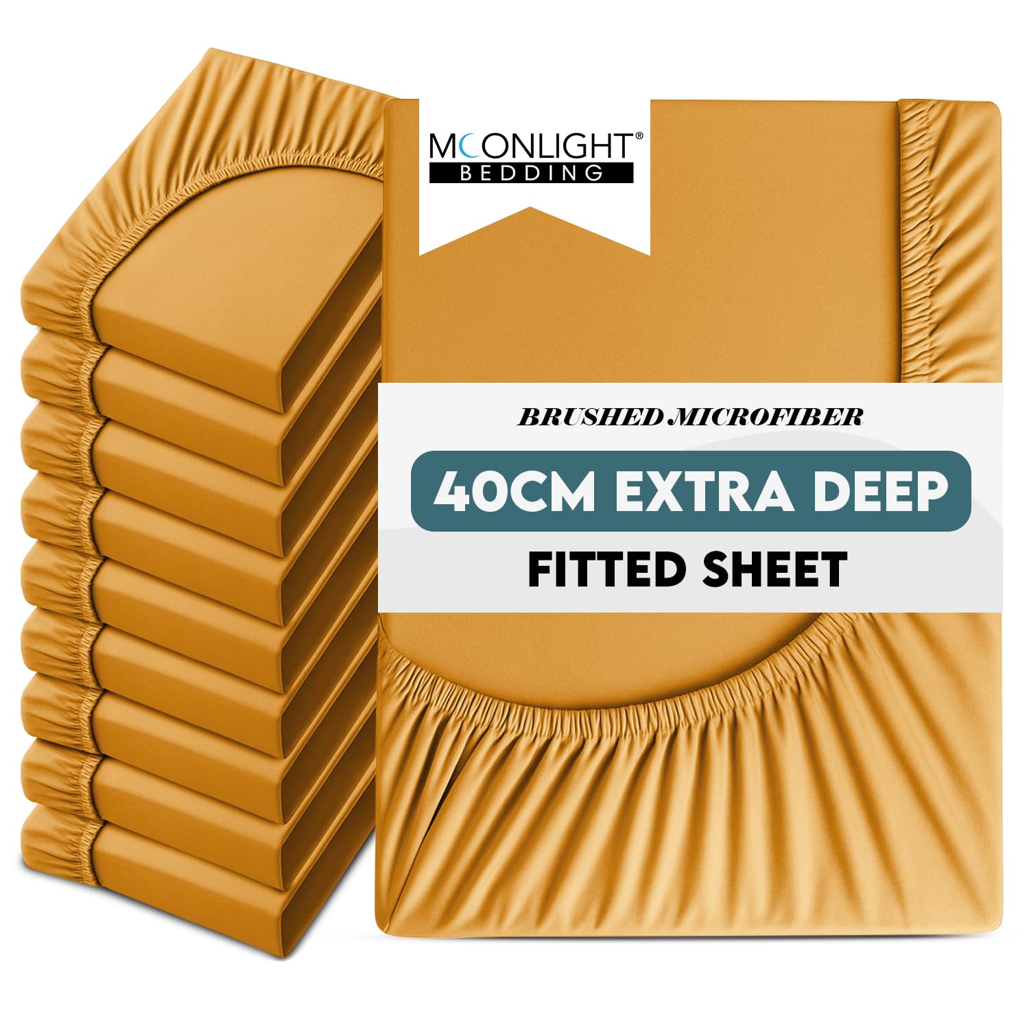 Moonlight Bedding Double Sheet Fitted Bed Sheet 10 Pack 40CM Ochre Bedsheet with Elastic Corners 16 Inch Extra Deep Pocket Brushed Microfiber Easy Care Breathable Shrinkage Fade-Resistant โ image 1