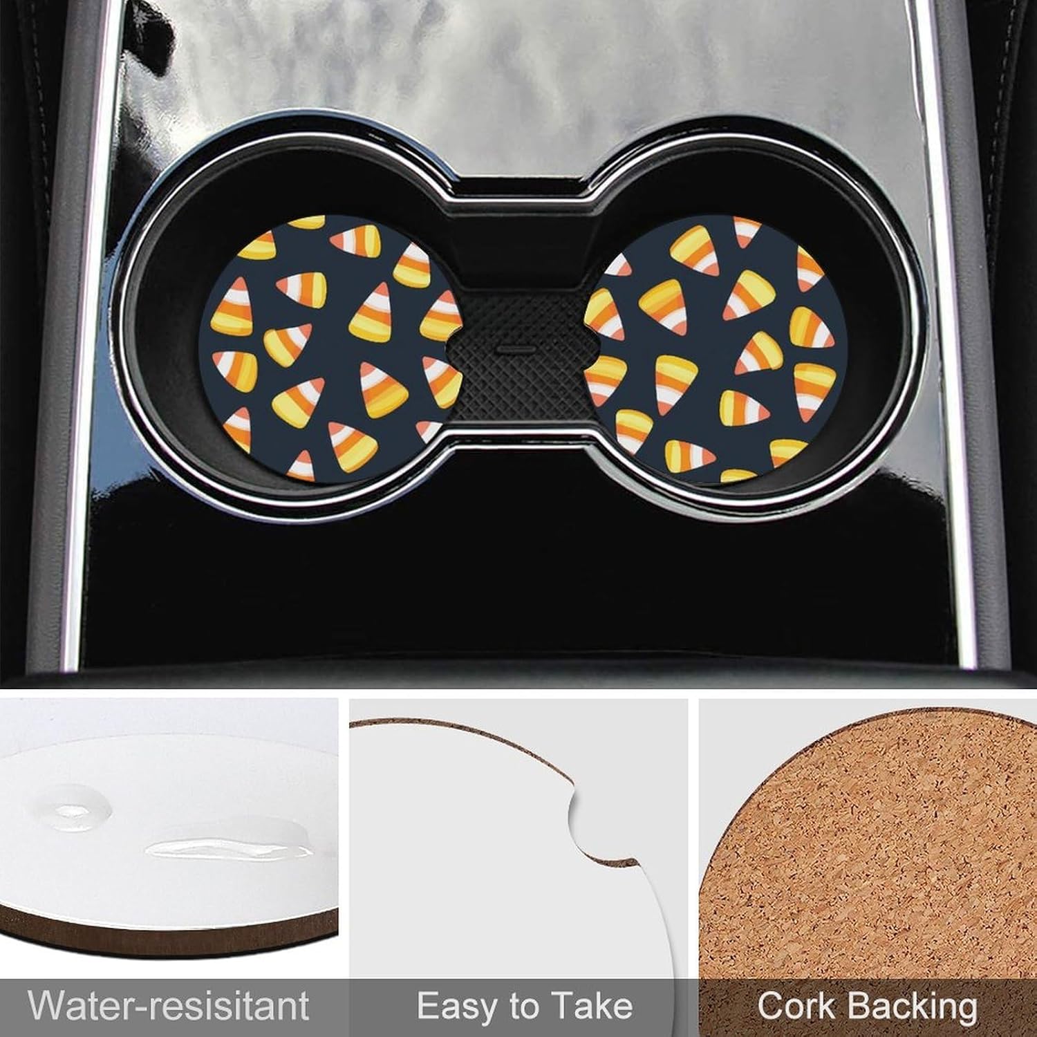 Candy Corn Pattern Cute Car Coasters 2.56 Inch Absorbent Cup Holder for Drinks Auto Interior Accessories