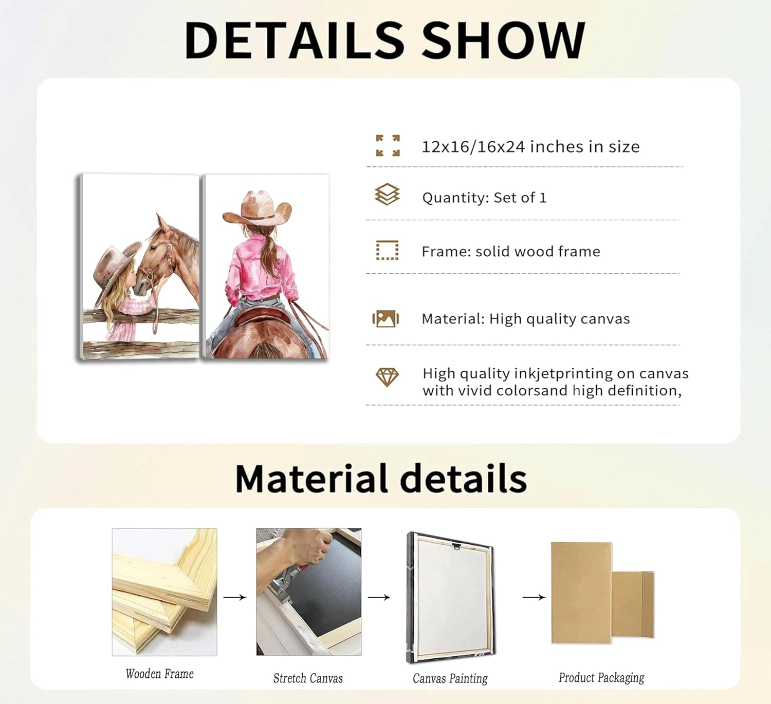 2PCS Cowgirl Nursery Wall Art girl and horse Poster Girl kissing horse Pictures Painting Canvas Decor American Western style prints Wall Decor animal Posters for Baby Bedroom framed