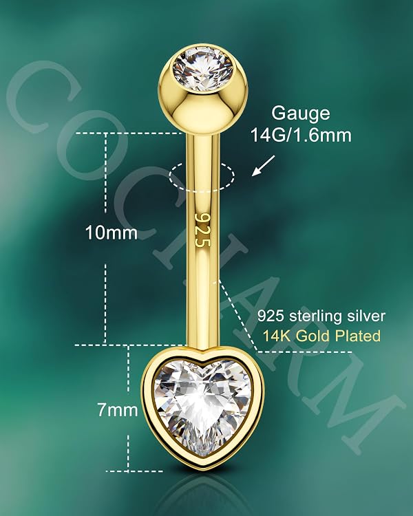 COCHARM 14K Gold Plated Belly Button Rings 925 Sterling Silver Belly Button Ring Dainty Heart Belly Navel Rings for Women Belly Navel Piercing Jewelry by COCHARM - Used condition - Image 3