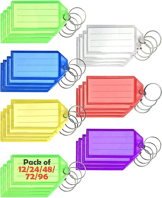 12/24/48/96 Pack Key Tags with Labels, Key Rings with Tags, Name Tags, Plastic Key Labels, Key Fobs with Labels - 6 Colours - Ideal for Luggage, ID, Name, Label for Home, Office, and School
