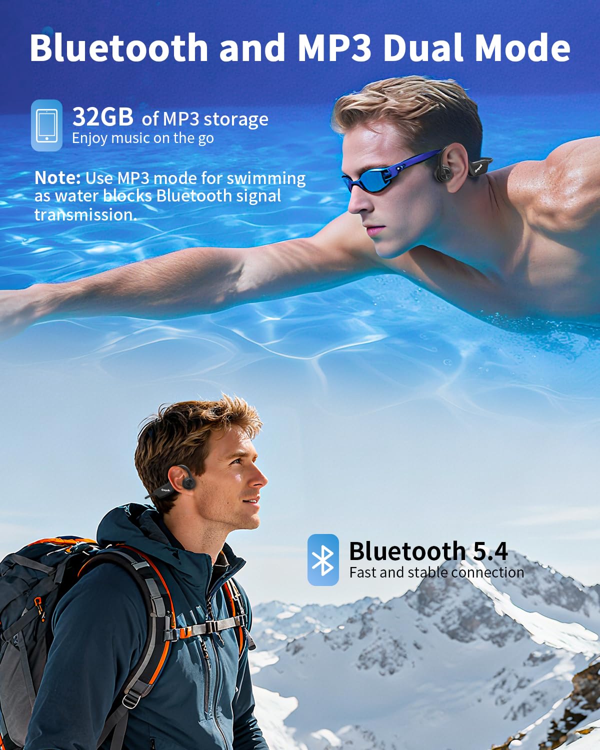 Cuffie da nuoto Bluetooth 5.4 – Cuffie subacquee a conduzione ossea, impermeabili IP68, auricolari aperti con microfono, 32 GB di memoria lettore MP3 per nuoto, corsa