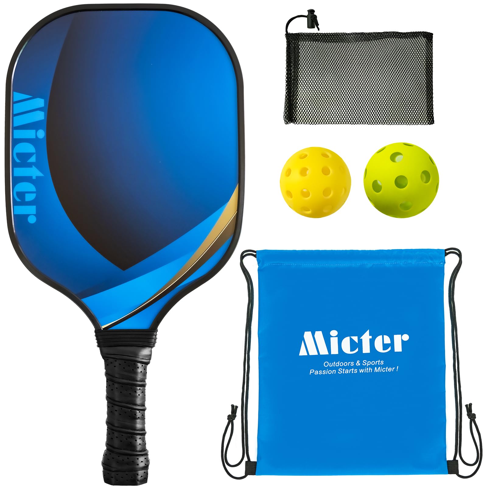 MICTER Juego de Palas de Pickleball, Pickleball Set con Palas Pickleball de Fibra de Vidrio, Bolas, Bolsa portátil, Agarre cómodo Ergonómico, Exterior e Interior, Adecuado para Principiantes