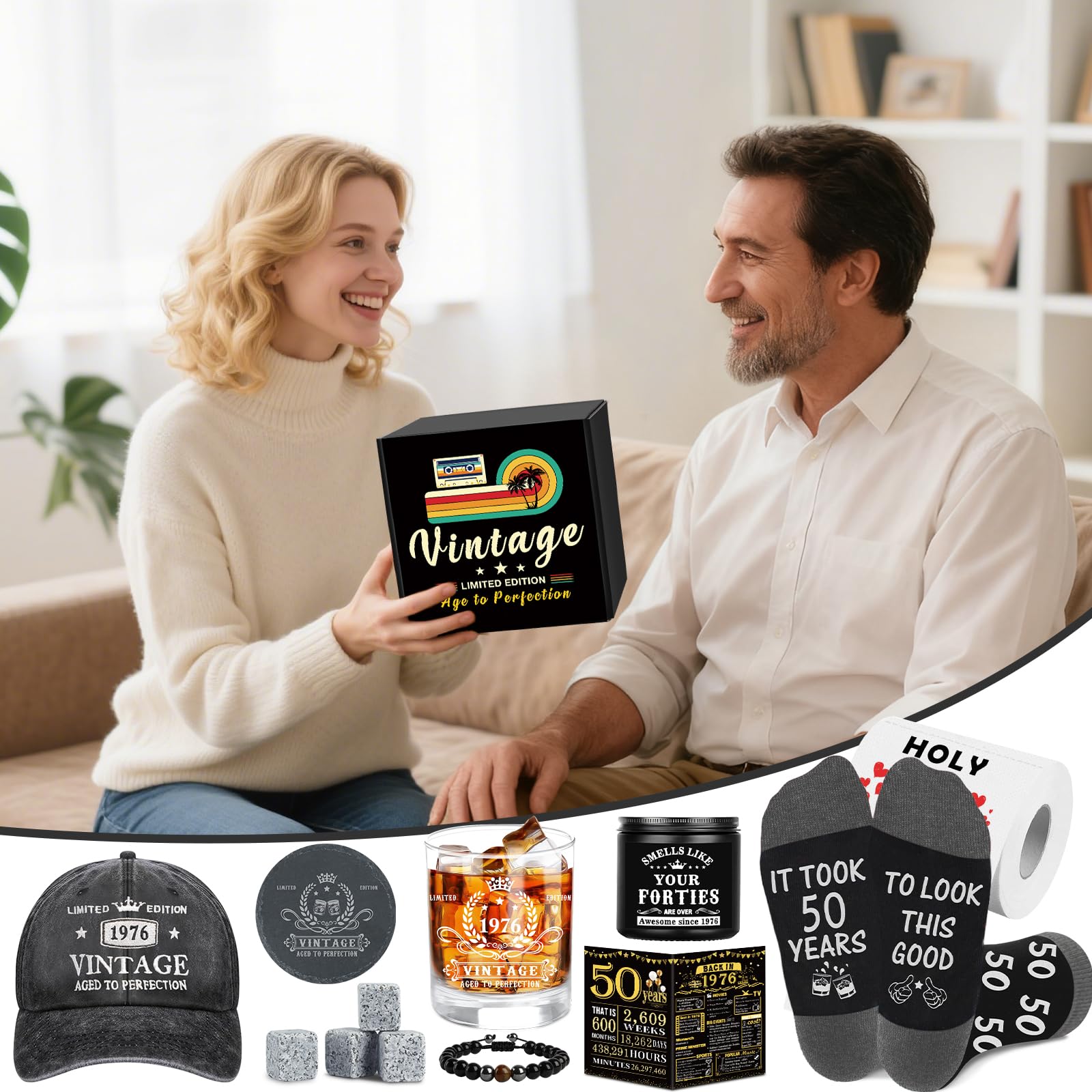 Regalos de 50 cumpleaños para él, decoraciones de feliz cumpleaños 50 para hombres, regalos de 50 años para hombre que lo tiene todo, cestas de regalo de 50 cumpleaños de 1976 para hombres, gorra de