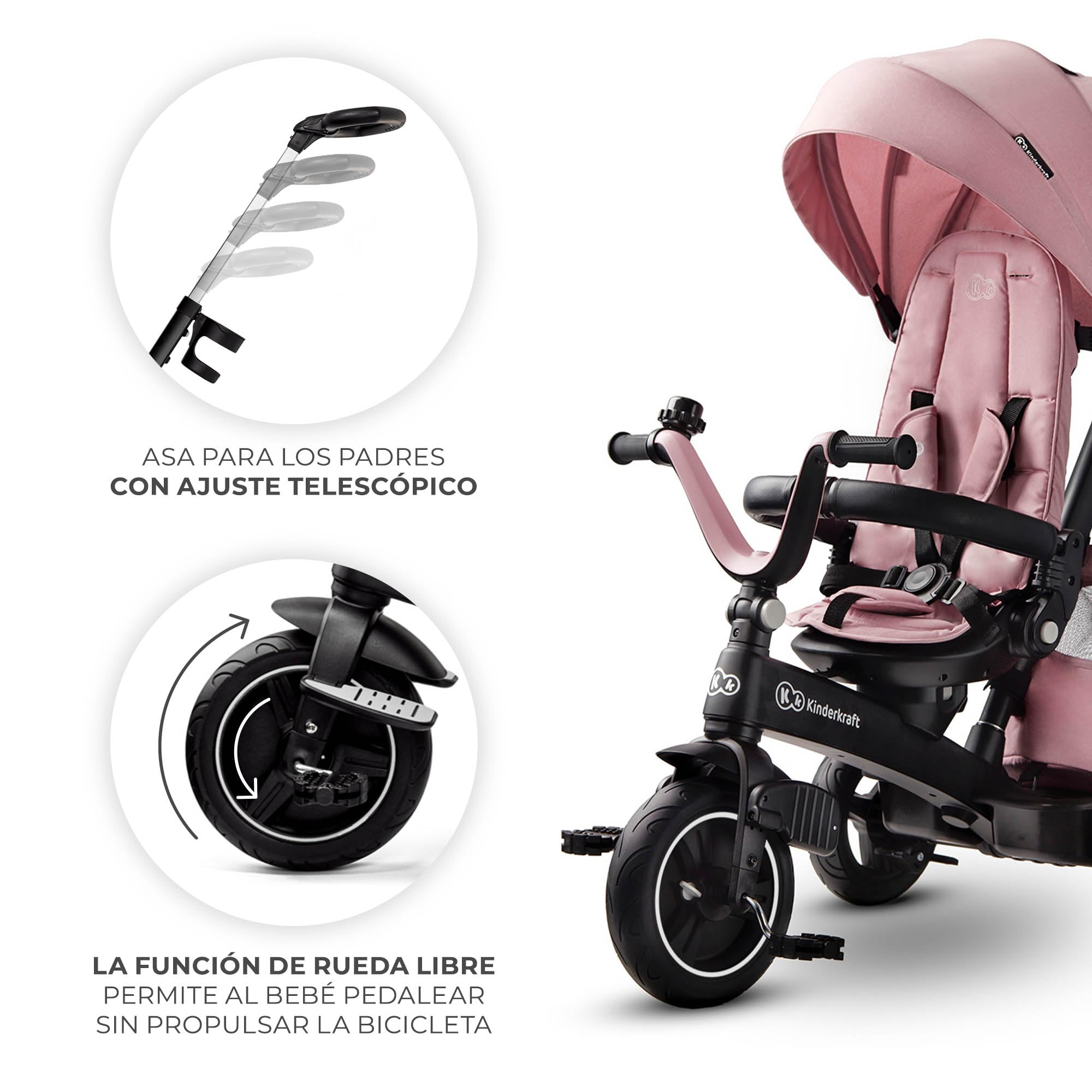 Kinderkraft EASYTWIST Triciclo Infantil, con Accesorios, Ventana de Techo, Cinturones de Seguridad, rotación de 360 Grados, Rueda Libre, Barra de Empuje, a Partir de 9 Meses hasta 5 años, Rosa