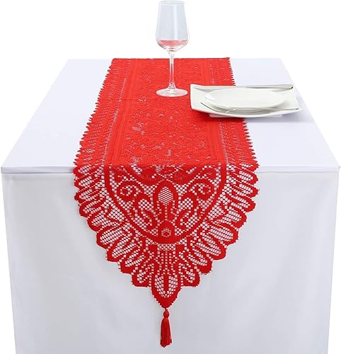 Miniatura 6 de rockcloud Camino de mesa de encaje para decoración de banquetes de boda, decoración de mesa de fiesta de Navidad, rojo, 13 x 59 pulgadas