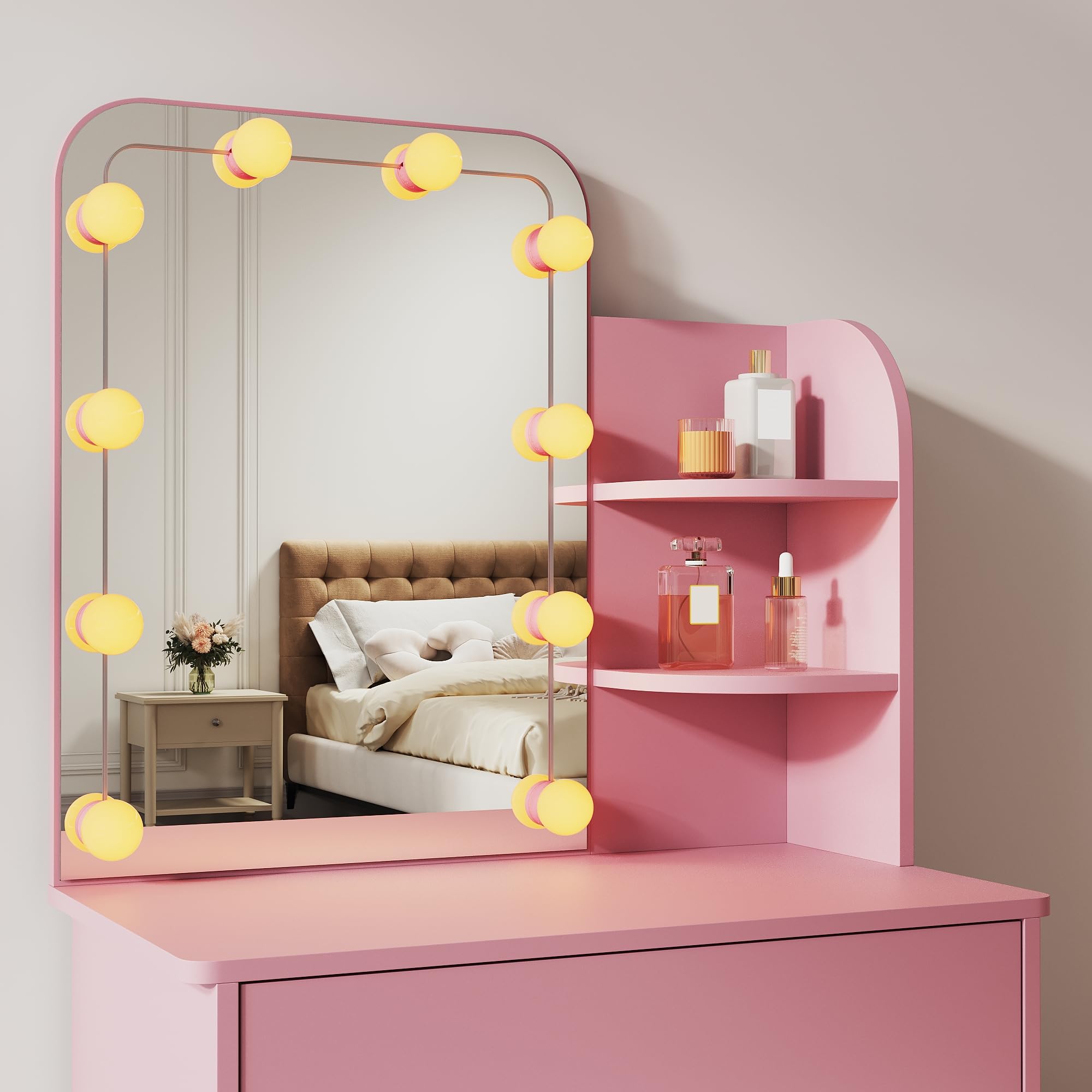 SIRHONA Tavolo da trucco con specchio a LED con luminosità regolabile, con specchio, 1 cassetti e 2 ripiani, stile moderno, rosa