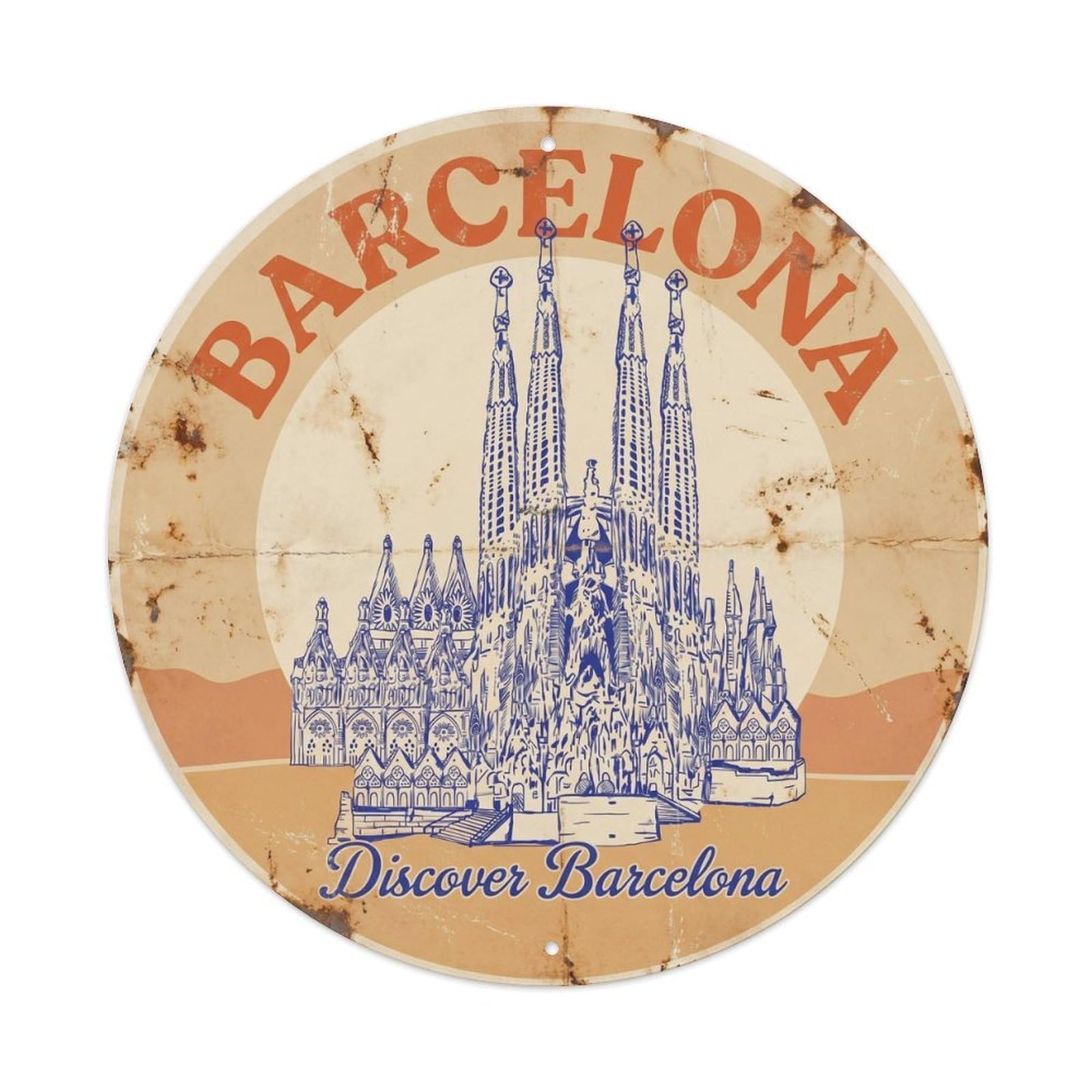 Vintage Barcelona Basilica Travel City Landmark Heritage Metal Tin Sign Plaque Wall Decor for Cafe, Man Cave, Club Bar, Office, Home Garden Round Metal Poster 8x8Inch