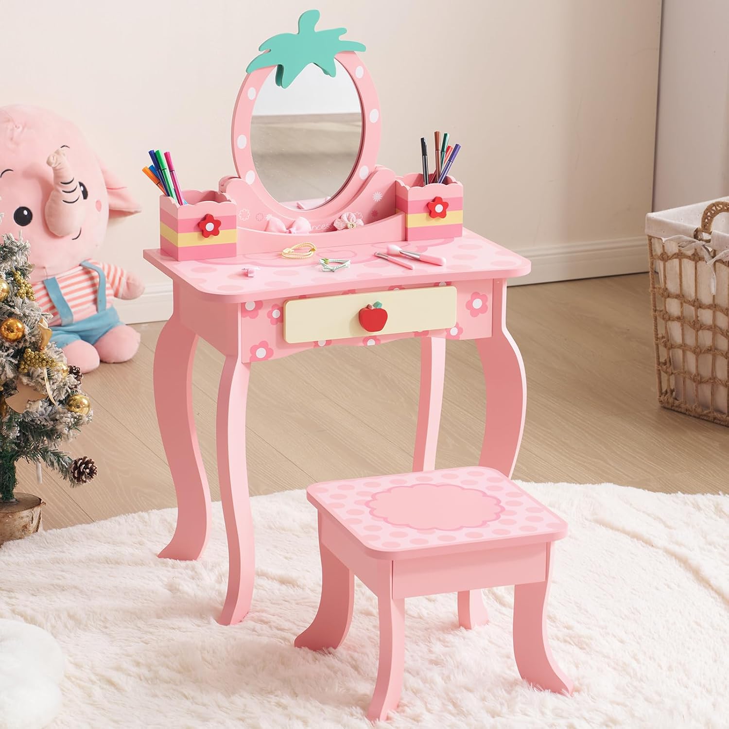 Girls Vanity Set with Mirror and Stool, Princess Make Up Vanity Desk with Storage Space, Princess Makeup Dressing Table with Chair Set (White)