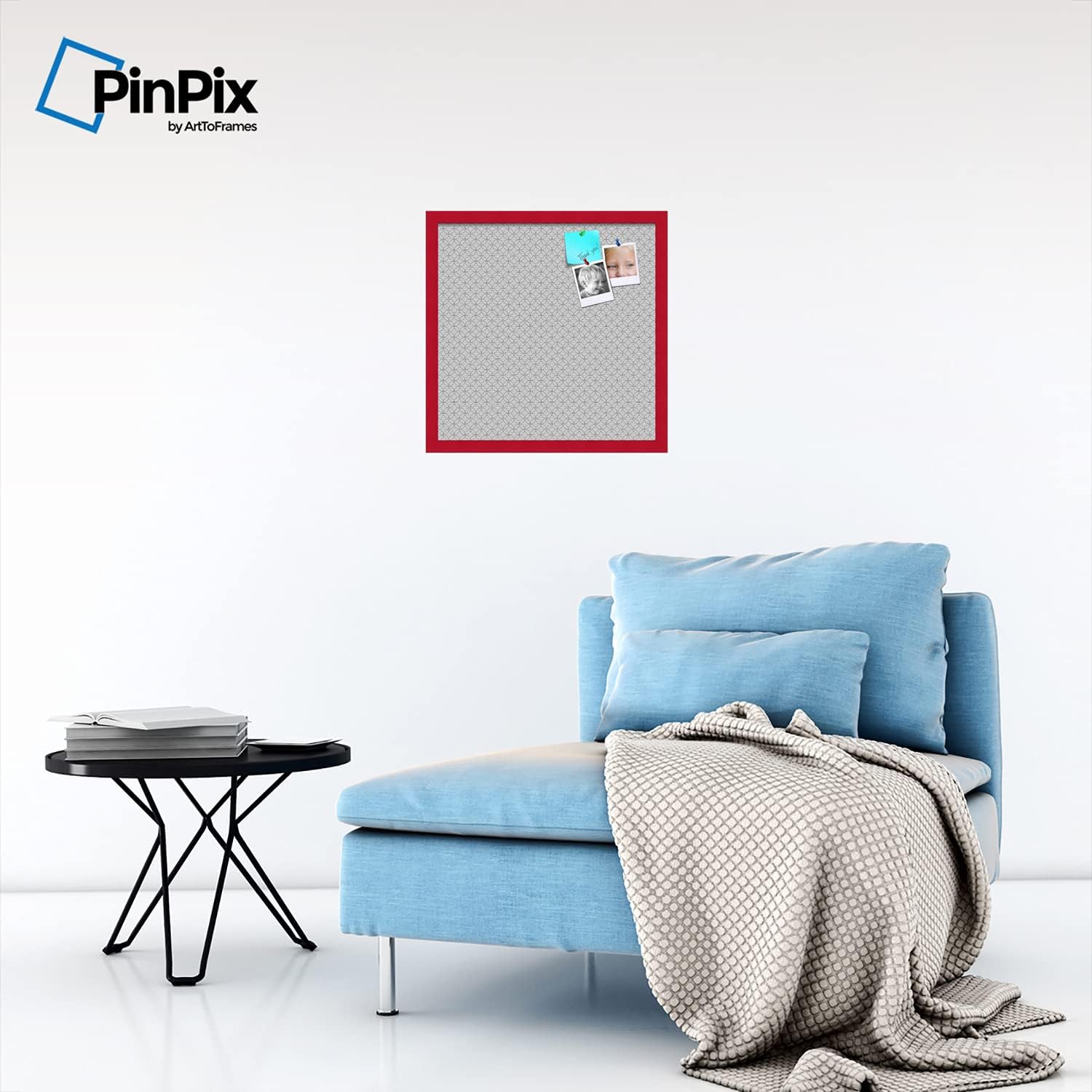 ArtToFrames 20x20 Custom Cork Bulletin Board. This Seamless Circles Black and White Pin Board Has a Fabric Style Canvas Finish, Framed in Red Stain on Beech (PinPix-117-20x20_0066-81792-YRED)