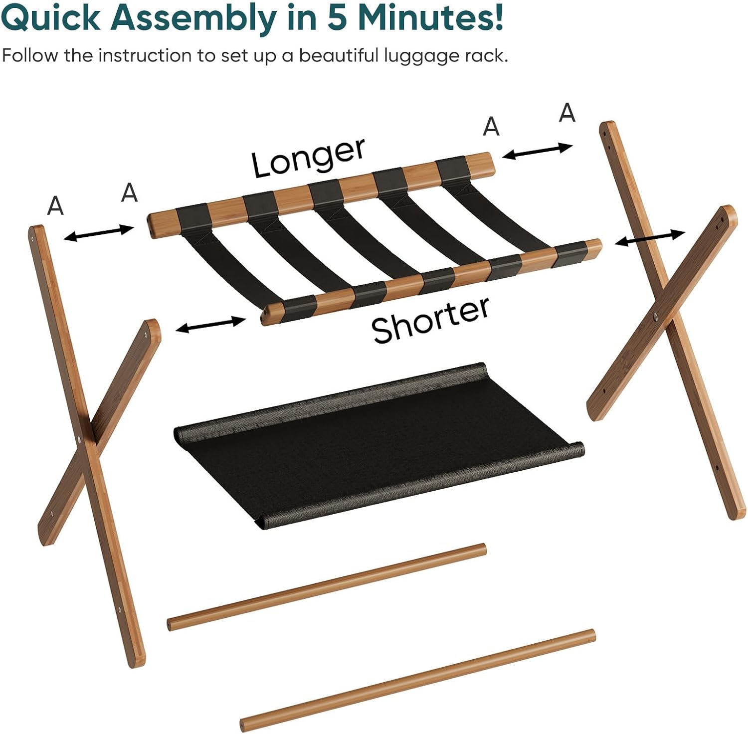 2 Pack Bamboo Luggage Racks, Folding Suitcase Stands with Nylon Straps and Oxford Fabric Shelf, for Guest Room, Hotel, Bedroom, Walnut Color