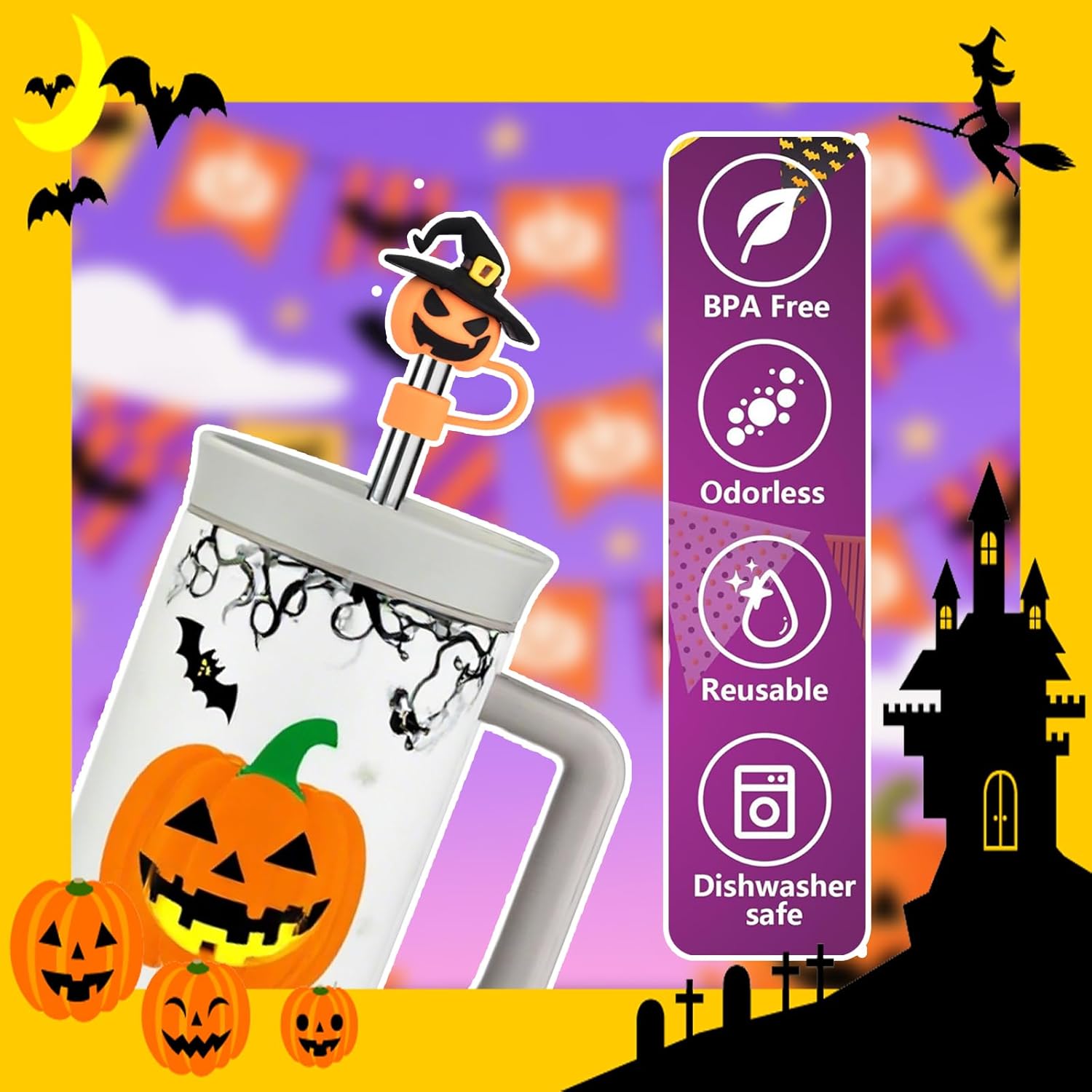 Haundry 6Pcs Halloween Straw Cover Cap for Stanley Cup 40oz/30oz Tumbler, 10mm Reusable Cute Ghost Drinking Straw Topper Accessories, Portable Protector Plugs Decorations Gifts for Party Halloween - Image 3