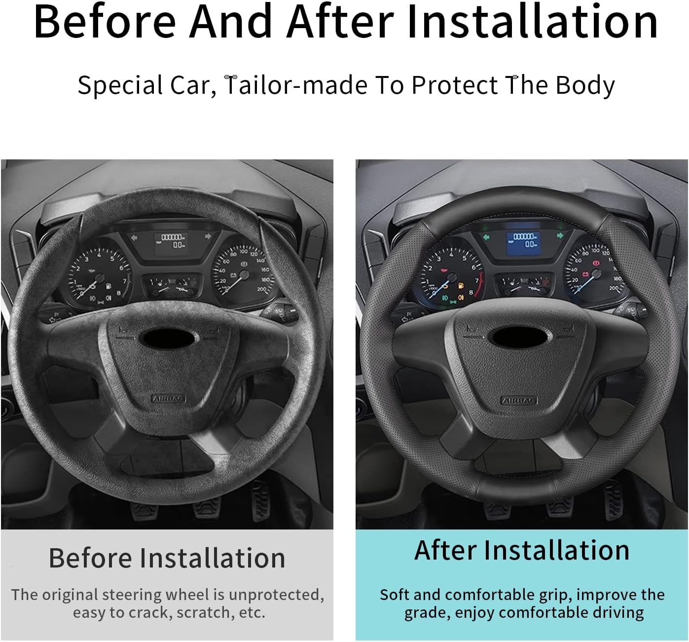 Hand Sewn Steering Wheel Cover,Fit for Ford 2014 Transit Connect Wagon/2013 Transit Custom/2012 Tourneo Custom Concept,Non-Slip Breathable Microfiber Leather Steering Wheel Cover on Wrap DIY